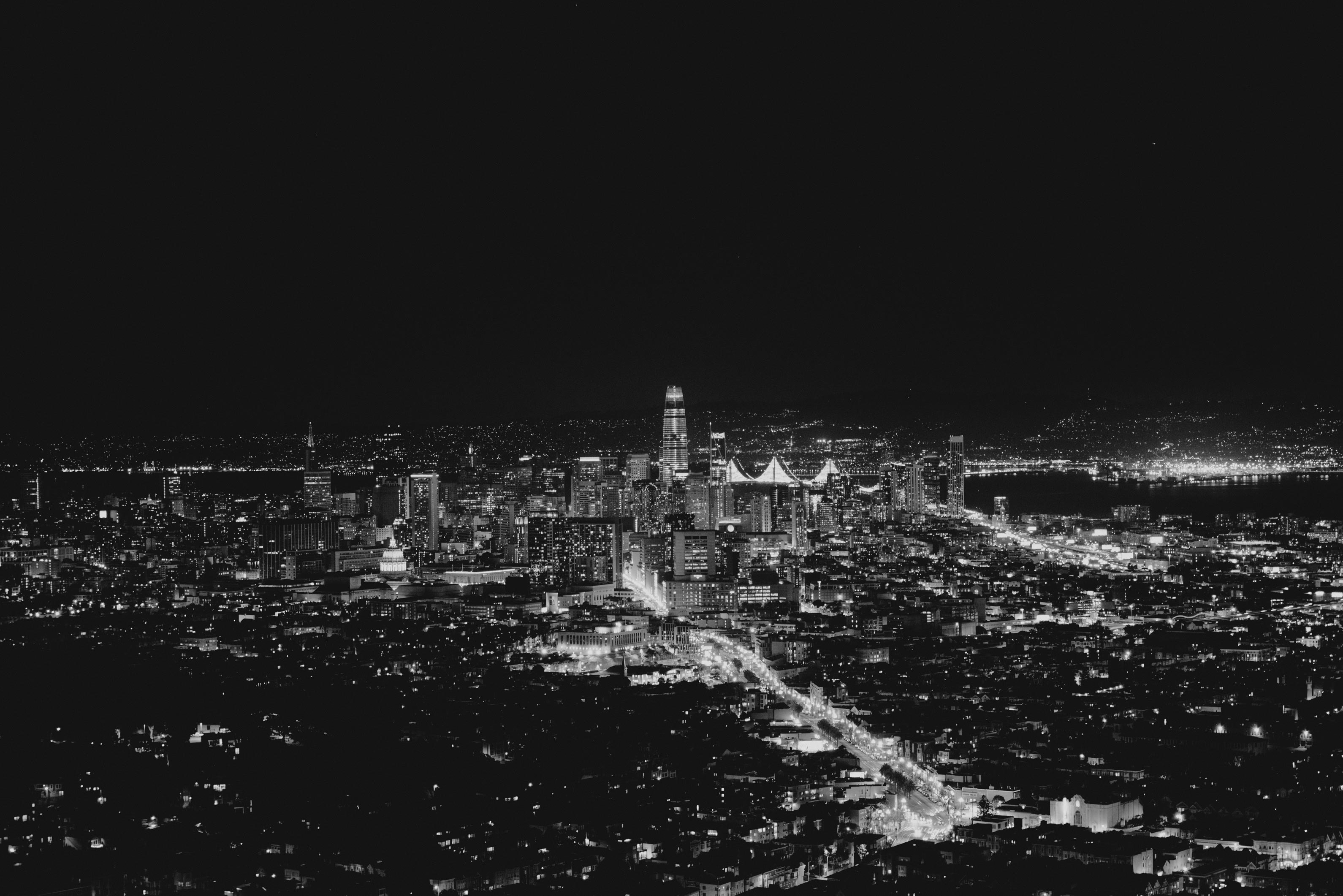 Laden Sie das Städte, Wolkenkratzer, Night City, Bw, Chb, San Francisco, Usa, Nächtliche Stadt-Bild kostenlos auf Ihren PC-Desktop herunter