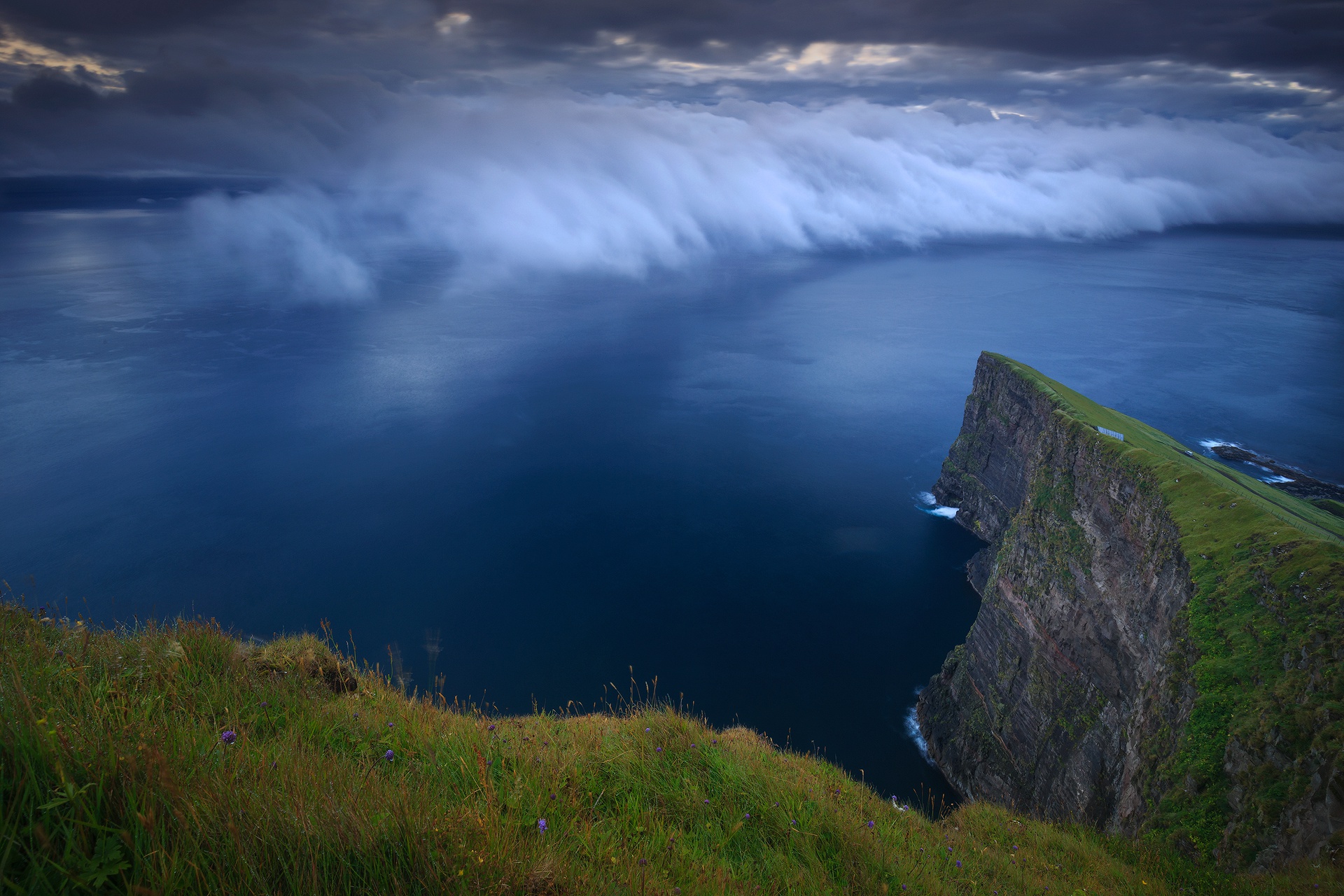 earth, ocean, cliff, cloud, coast, faroe islands, nature Phone Background