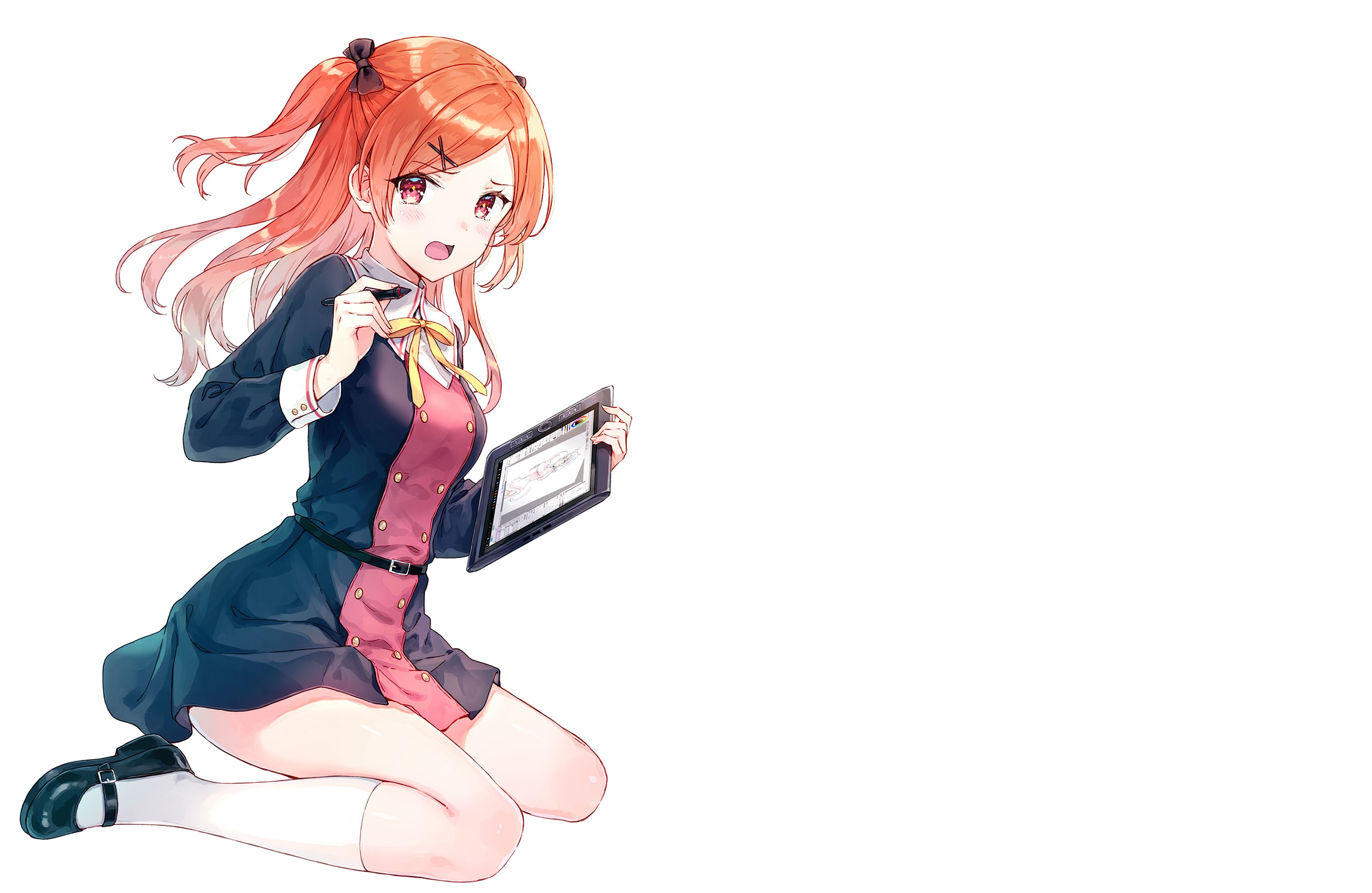 anime, girl, long hair, orange hair, red eyes, tablet, twintails