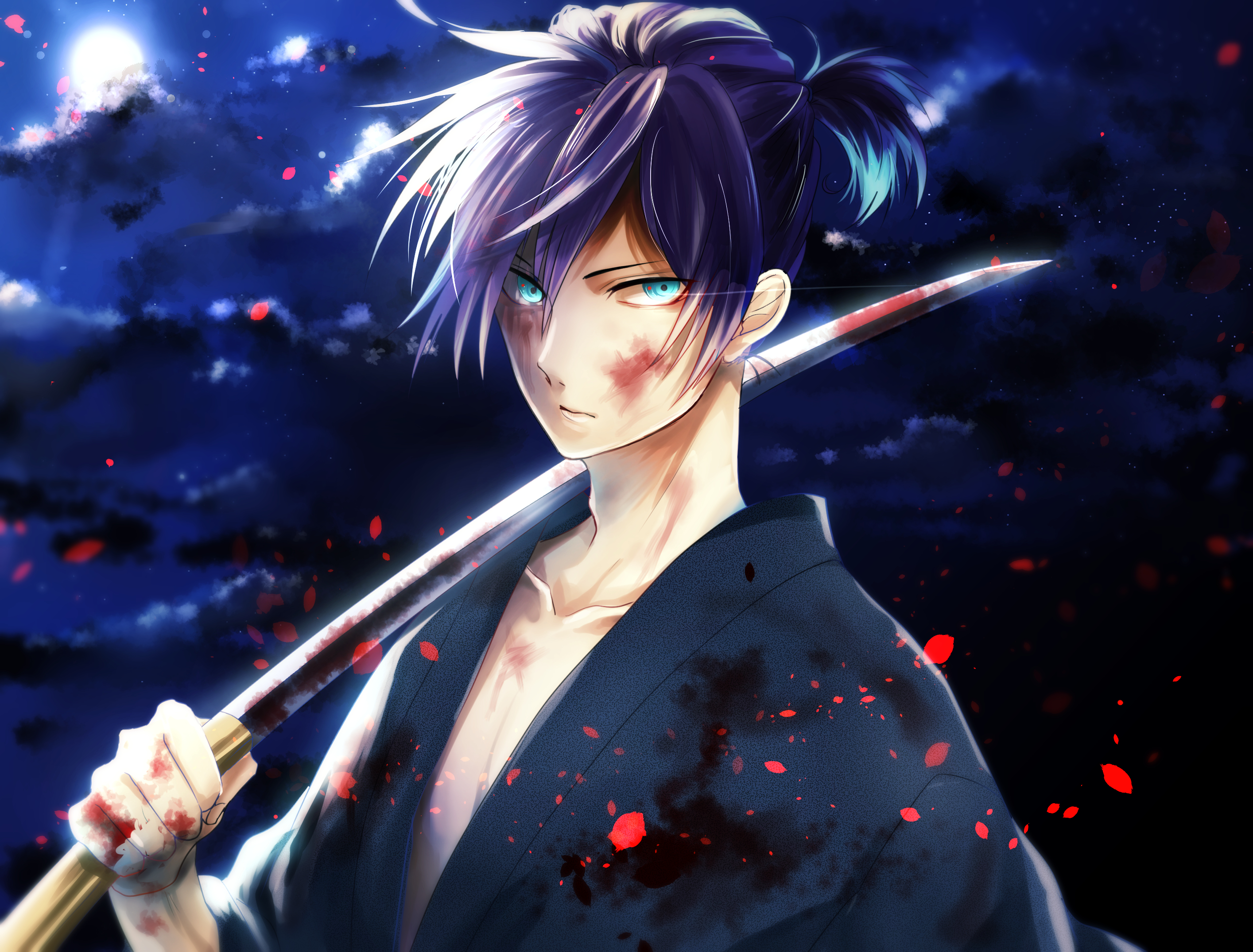 blue eyes, night, yato (noragami), anime, katana, blood, noragami, purple hair, sword