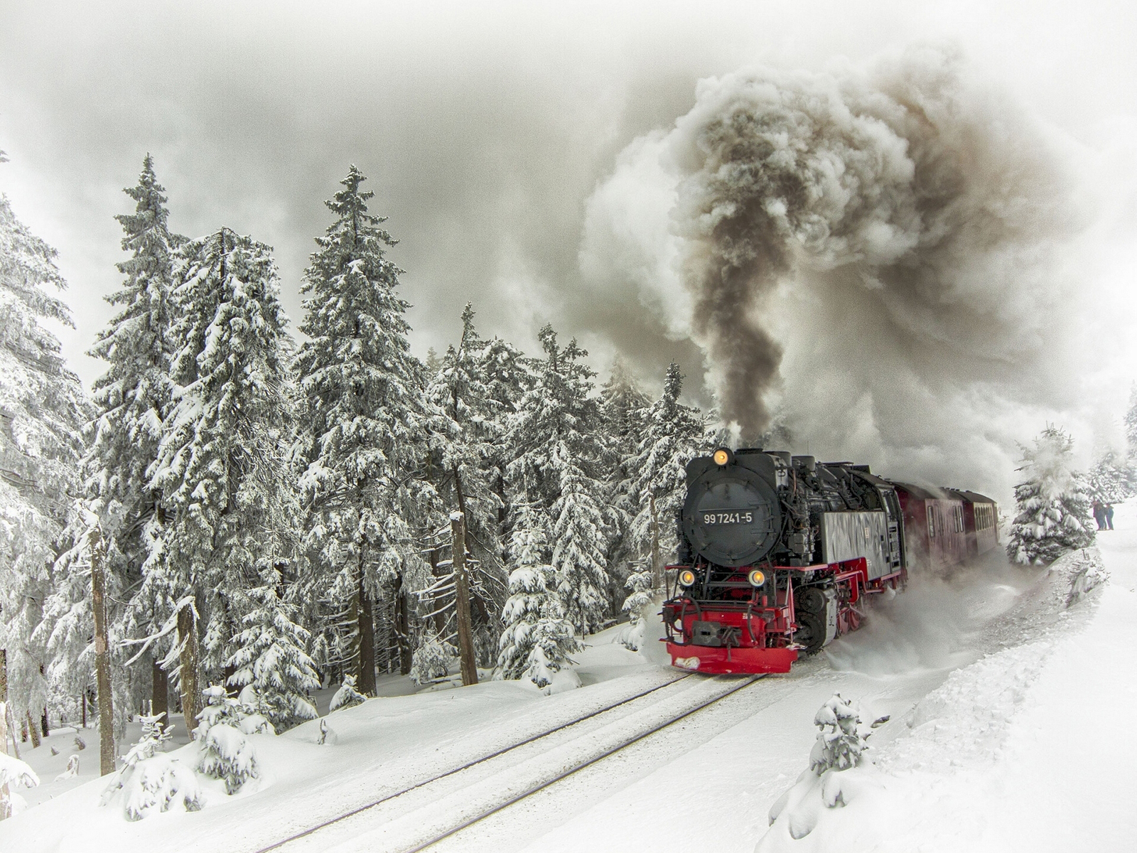 trains, transport, landscape, winter, snow, gray phone background