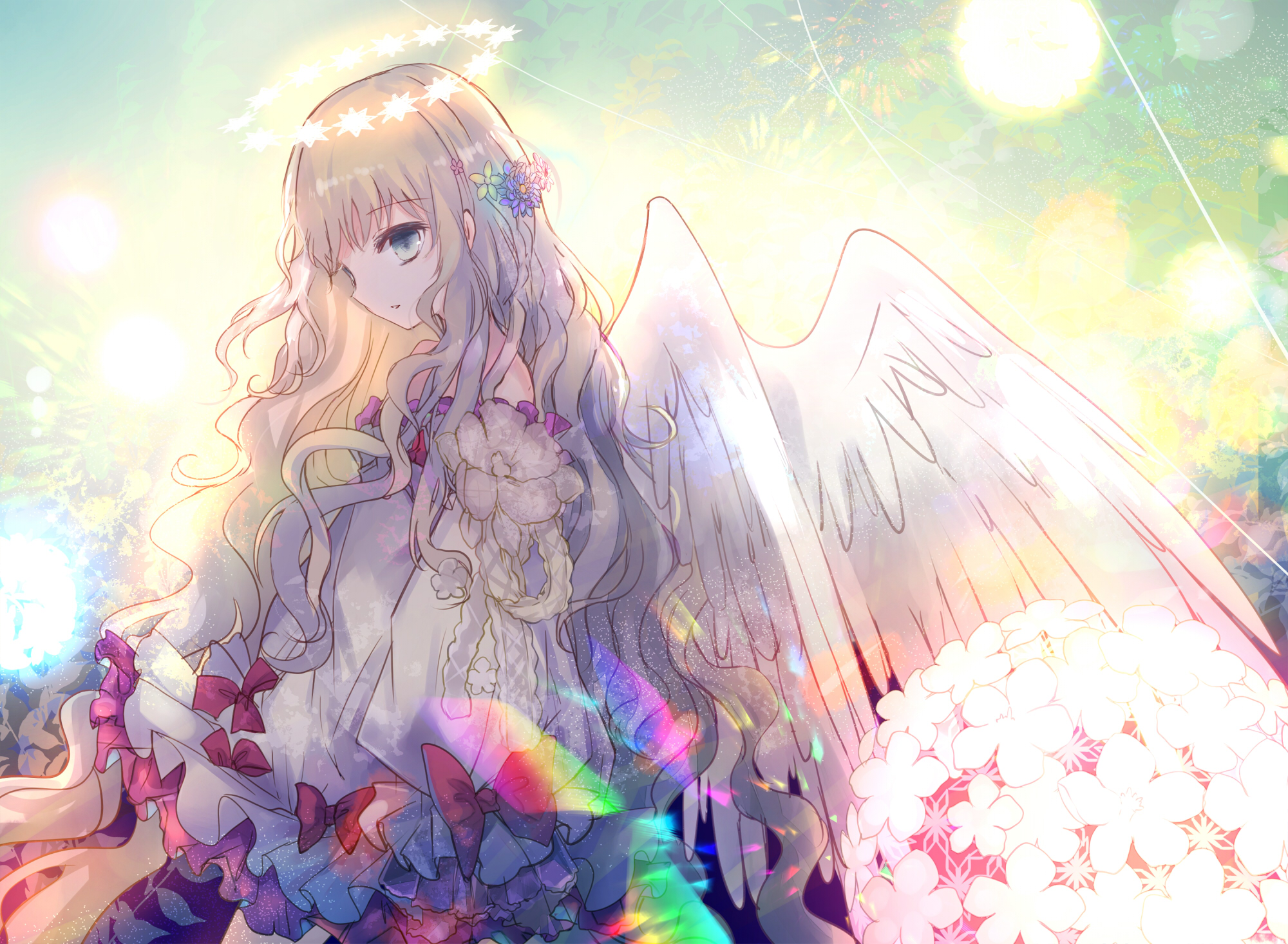 Download mobile wallpaper Anime, Flower, Wings, Angel, Blonde, Long Hair, Grey Eyes for free.