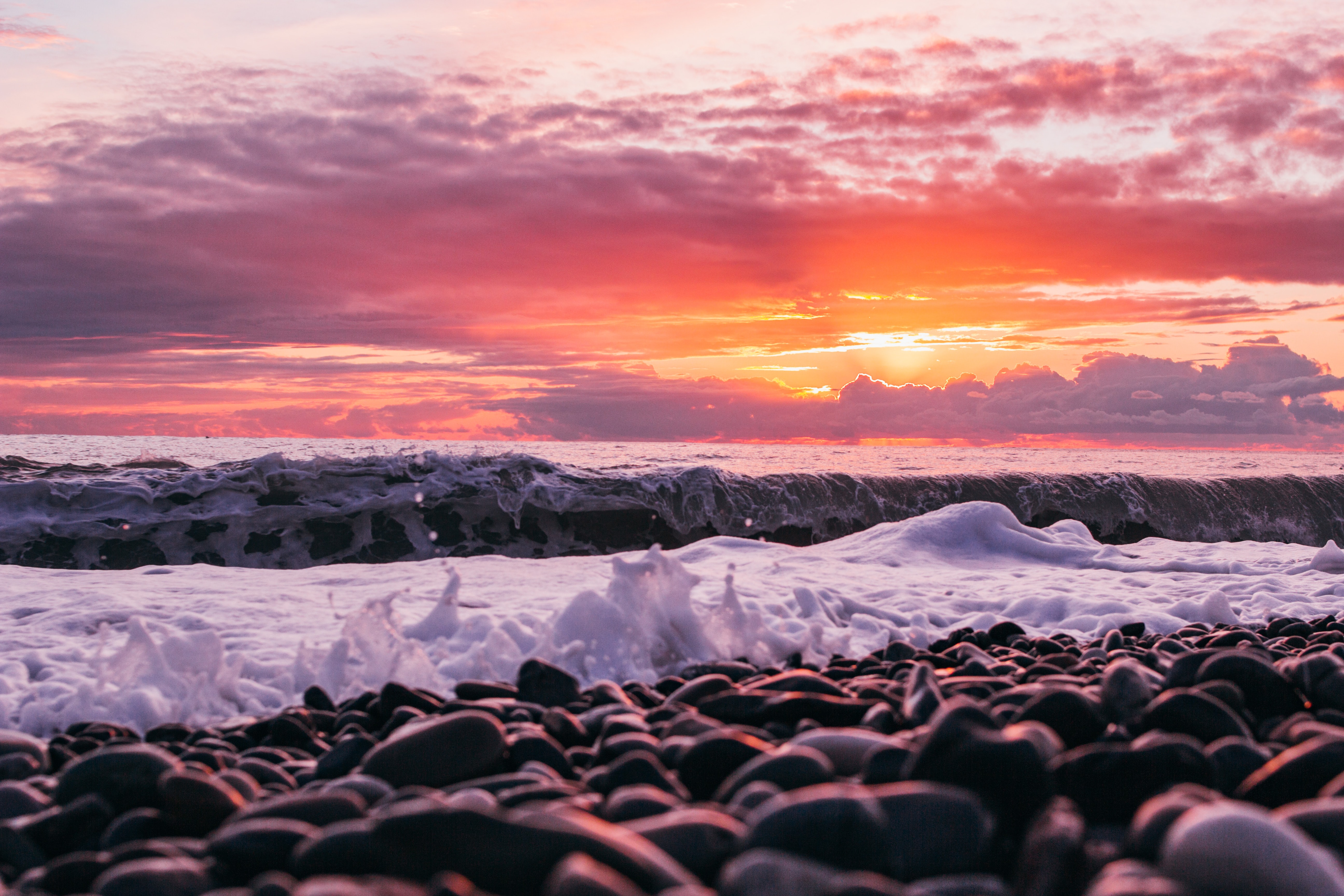 sea, nature, sunset, pebble, waves, shore, bank 1080p