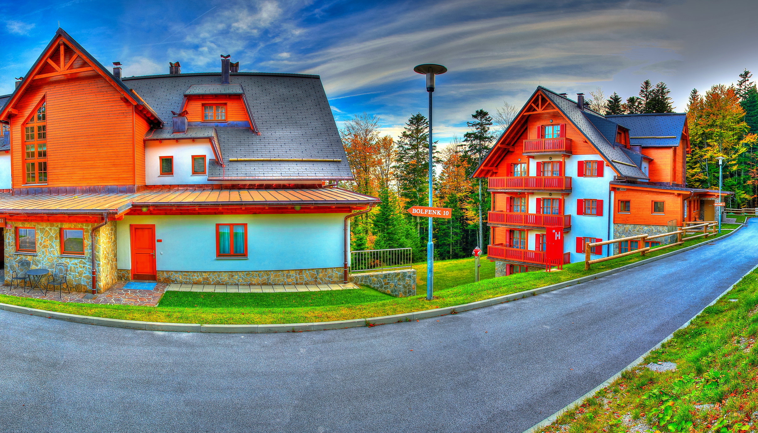 photography, hdr, blue, colorful, house, orange (color), slovenia, street