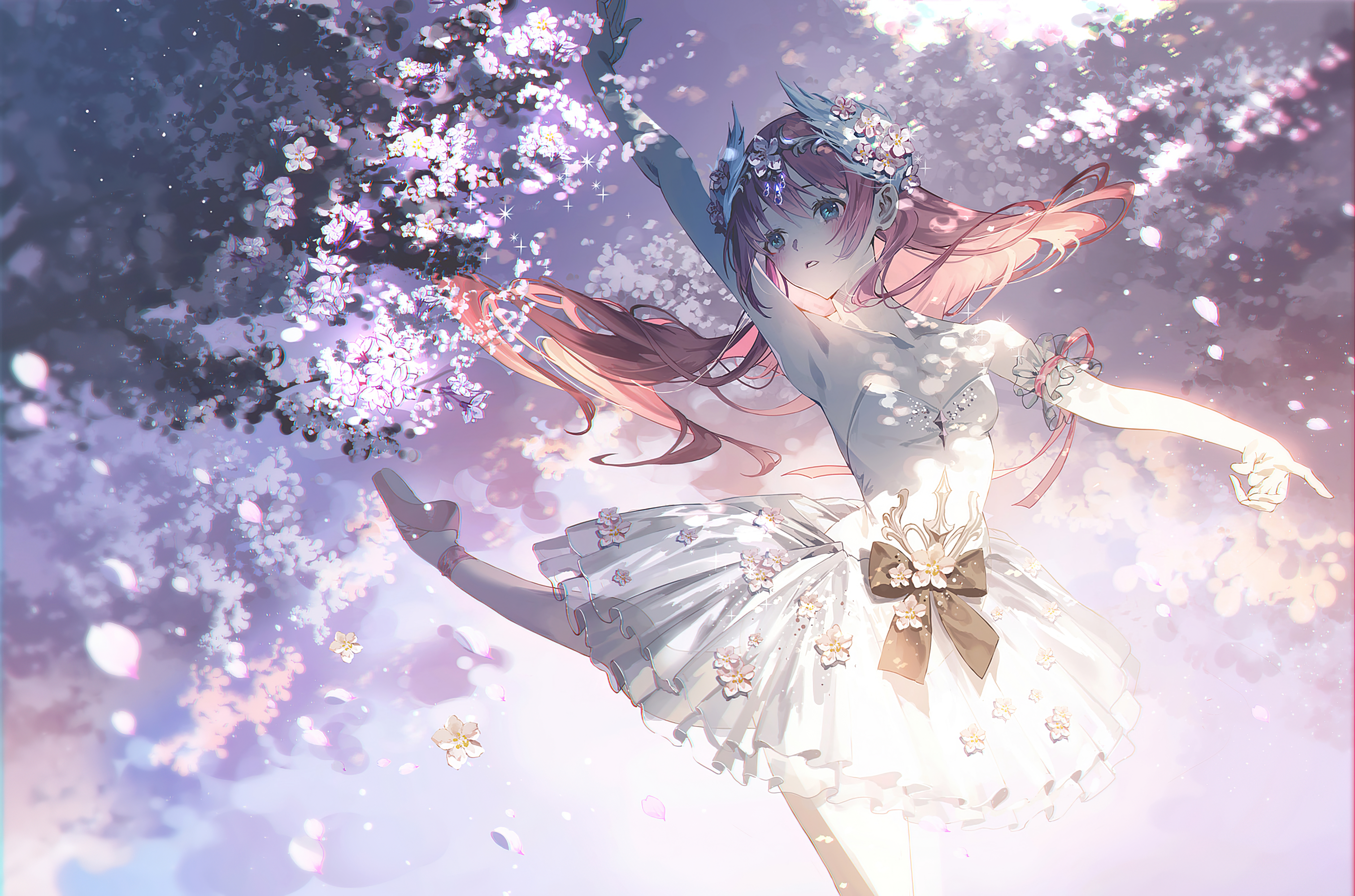 anime, original, ballerina, cherry blossom, long hair phone wallpaper