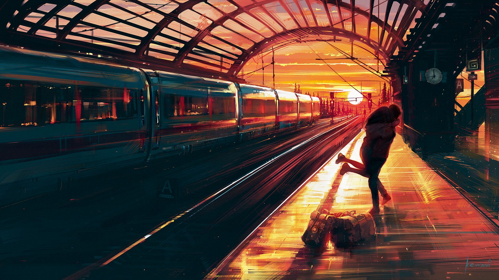 couple, love, artistic, sunset, train station, train