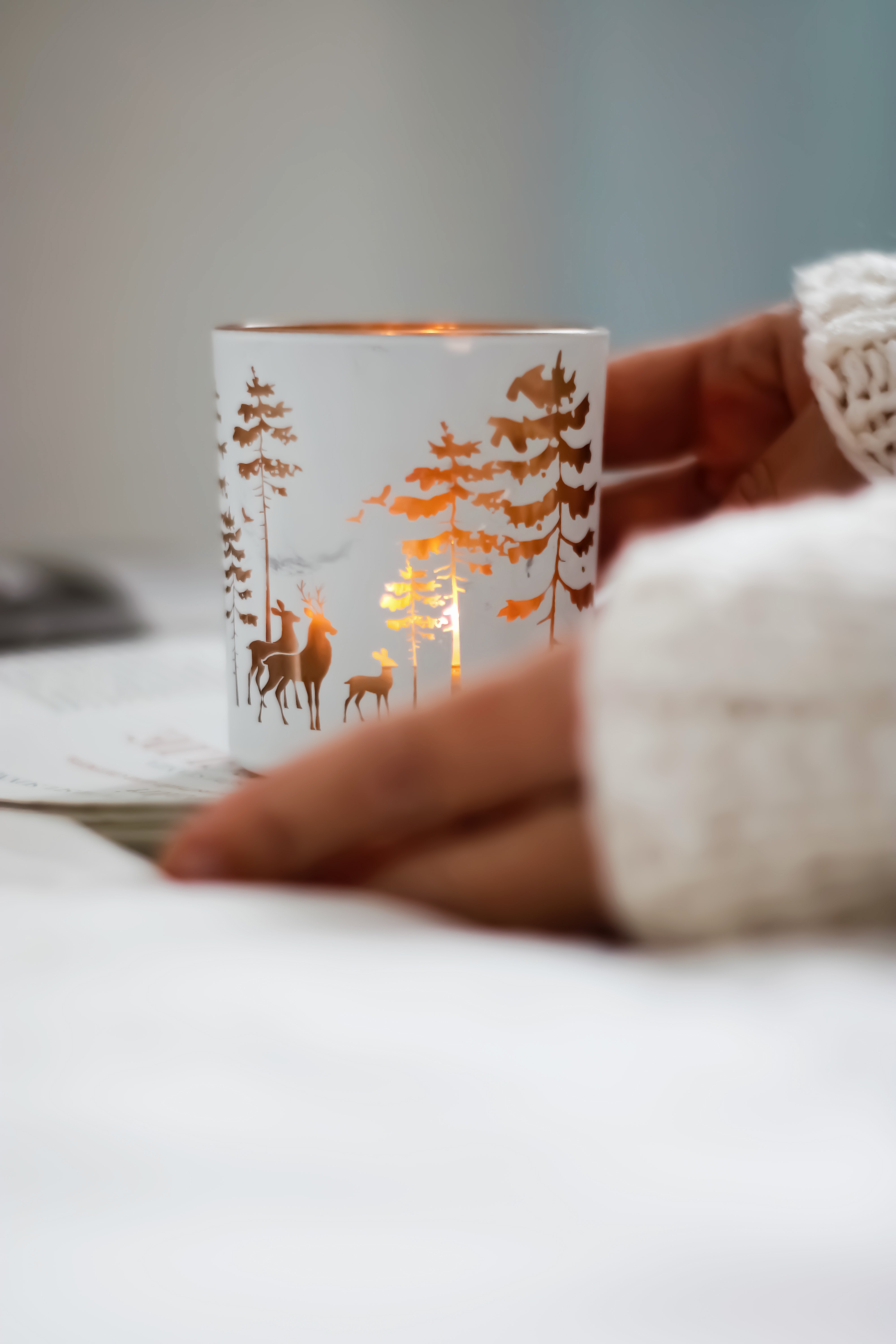 Download mobile wallpaper Decoration, Mug, Miscellaneous, Trees, Deers, Cup, Miscellanea for free.