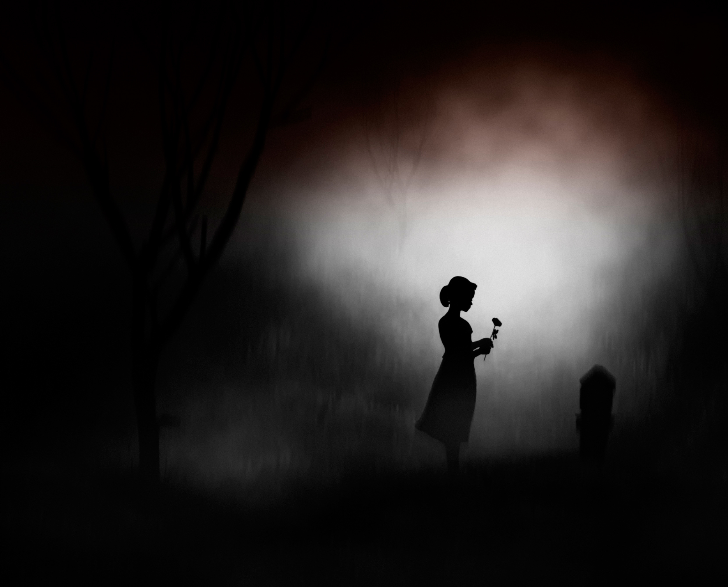 little girl, silhouette, tombstone, girl, dark, night