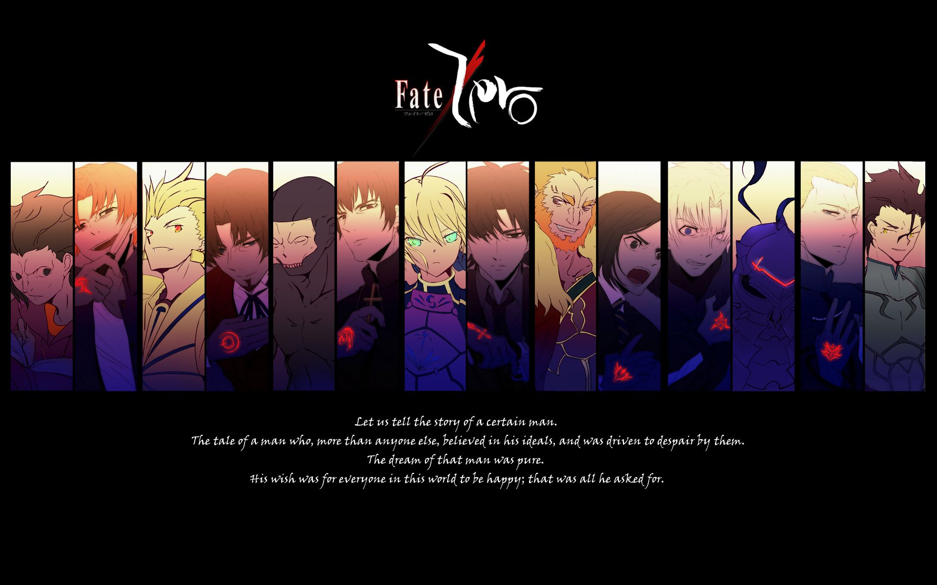 kirei kotomine, anime, fate/zero, archer (fate/zero), assassin (fate/zero), berserker (fate/zero), caster (fate/zero), gilgamesh (fate series), kariya matou, kayneth el melloi archibald, kiritsugu emiya, lancer (fate/zero), rider (fate/zero), ryuunosuke uryuu, saber (fate series), tokiomi tohsaka, velvet waver, fate series