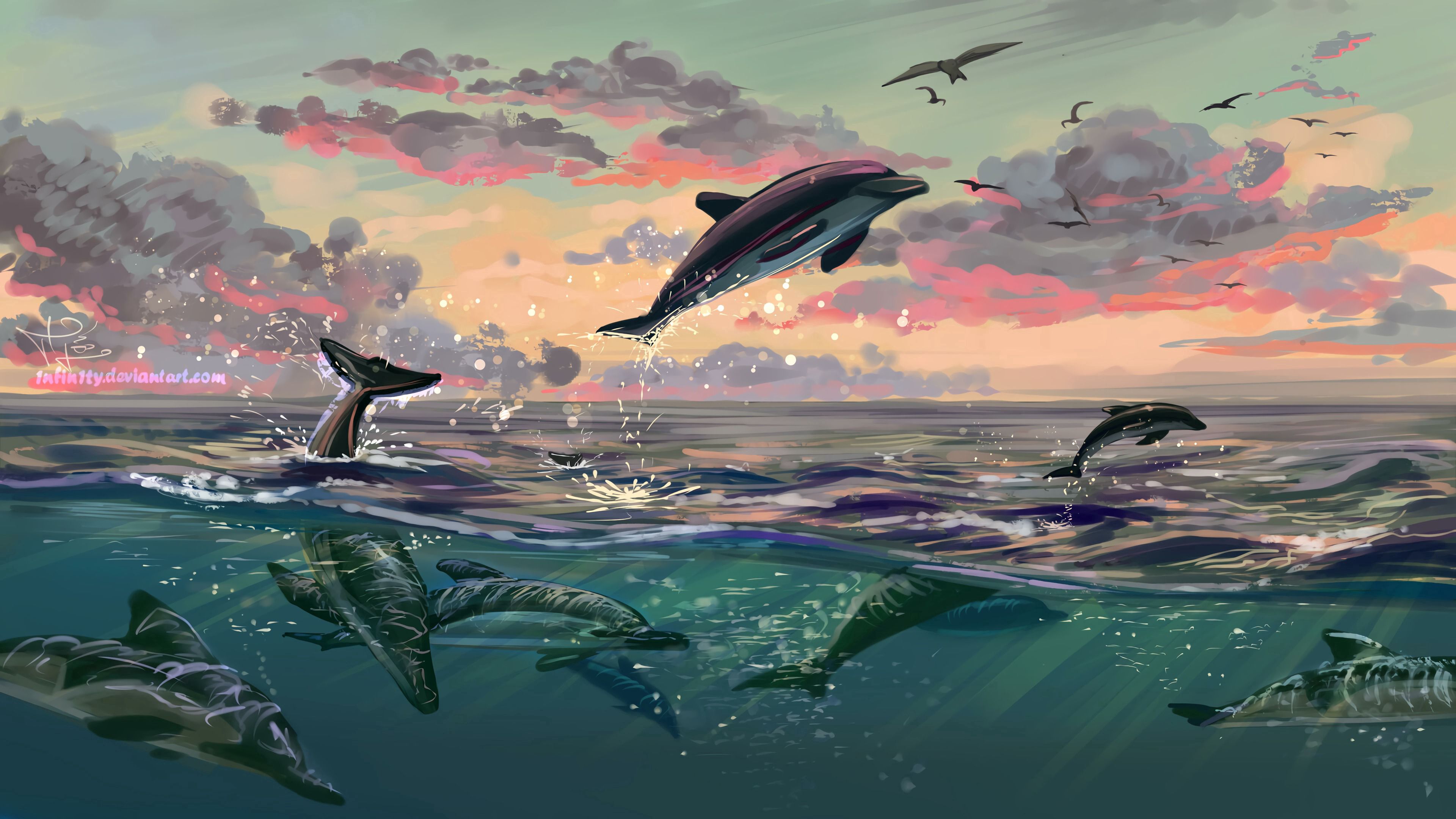 142399 Hintergrundbild herunterladen delfine, kunst, sea, wasser, prallen, springen - Bildschirmschoner und Bilder kostenlos