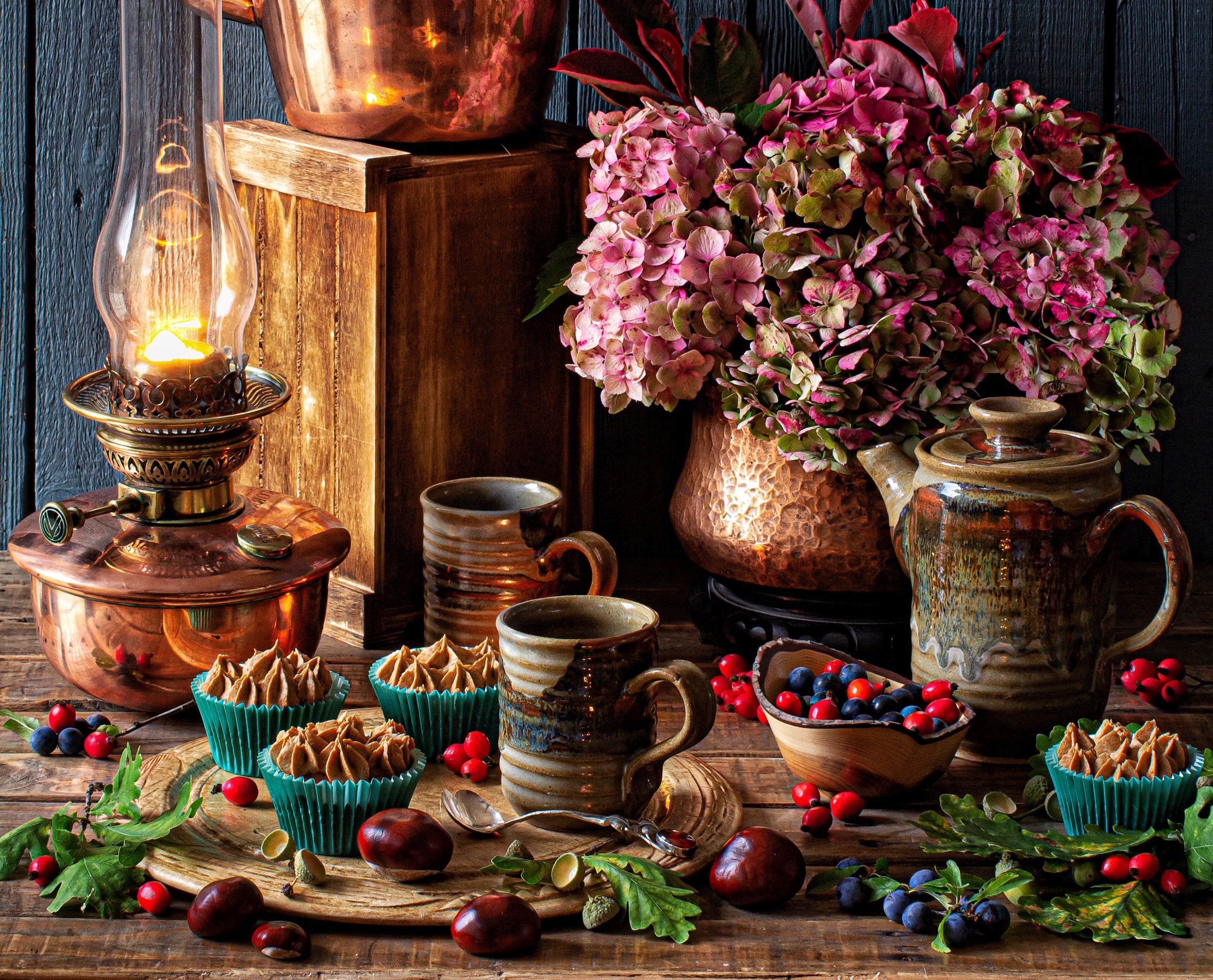 kettle, lamp, photography, still life, berry, dessert, flower, hydrangea lock screen backgrounds