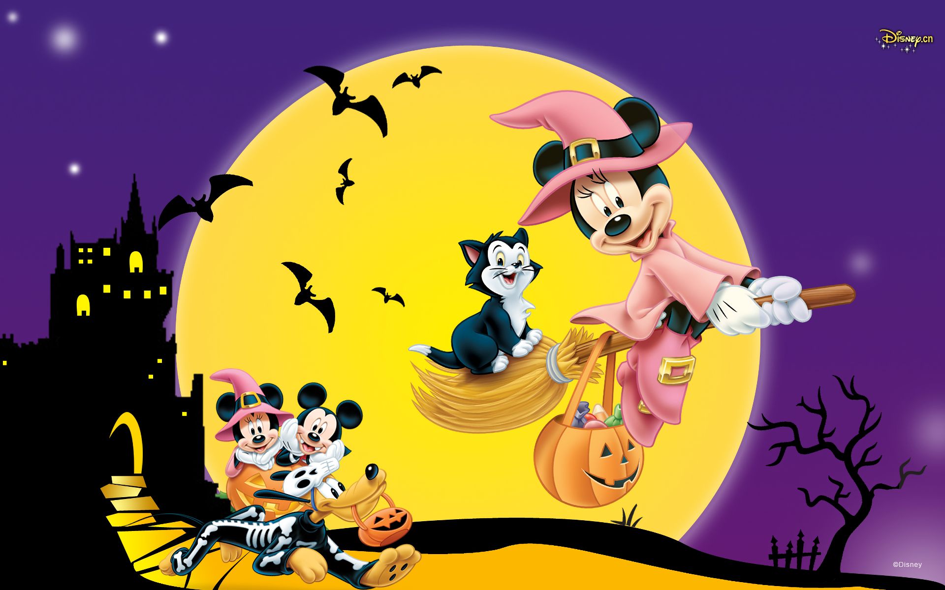 Full HD Wallpaper mickey mouse, minnie mouse, movie, disney, cat, halloween, pluto