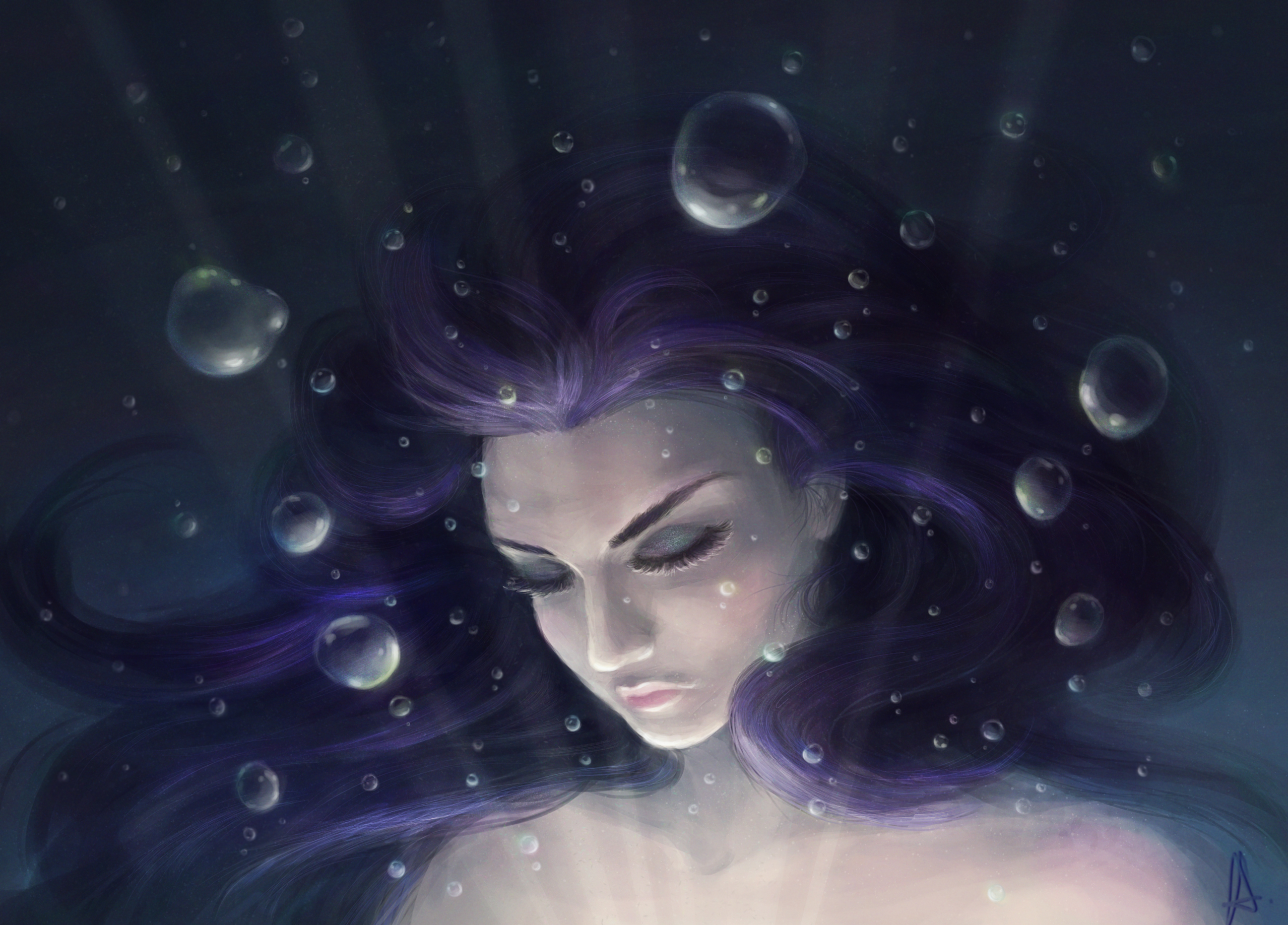 bubbles, girl, under water, art, hair, face, underwater phone wallpaper