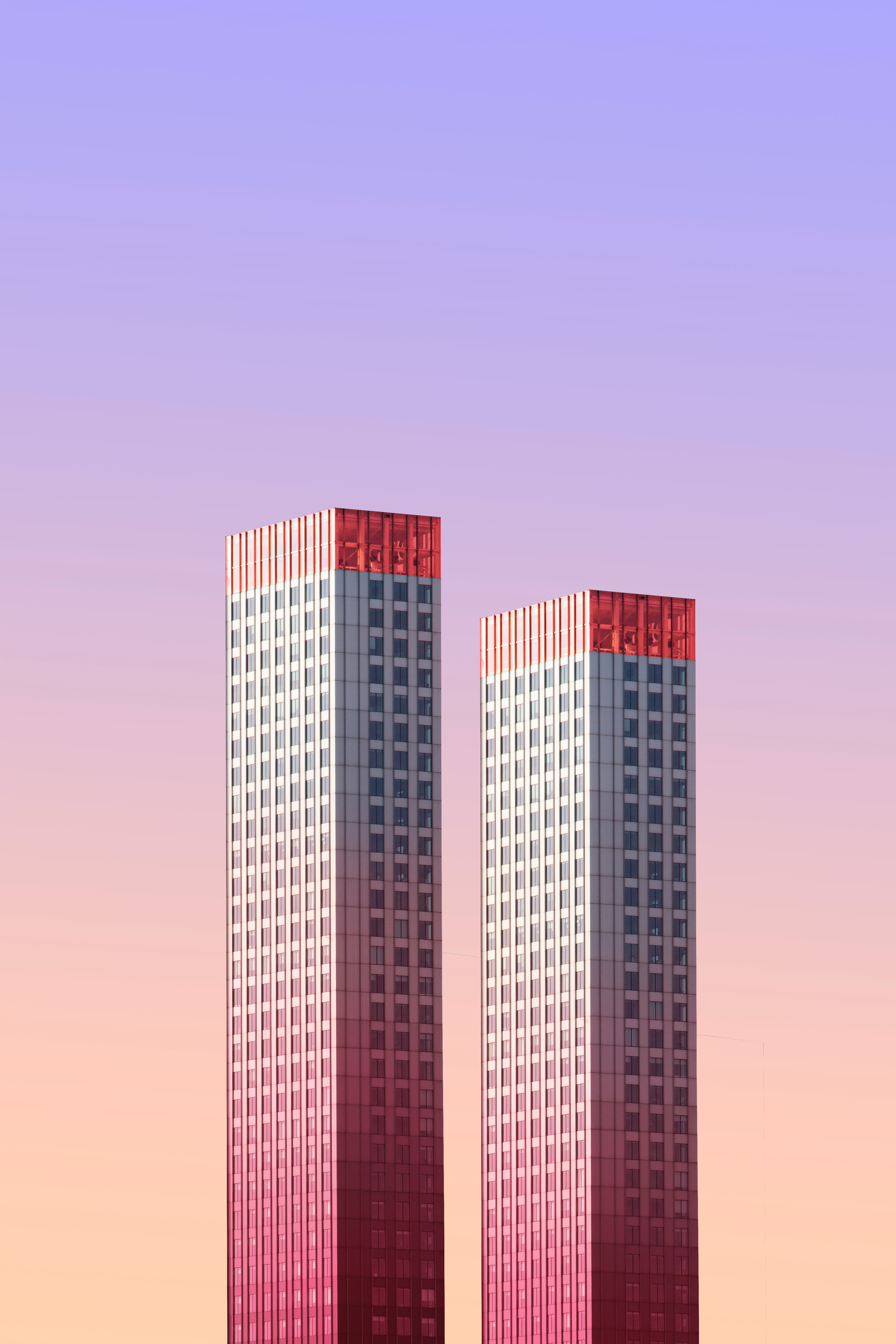 Download mobile wallpaper Two, Rotterdam, Skyscrapers, Sky, Netherlands, Building, Architecture, Minimalism for free.
