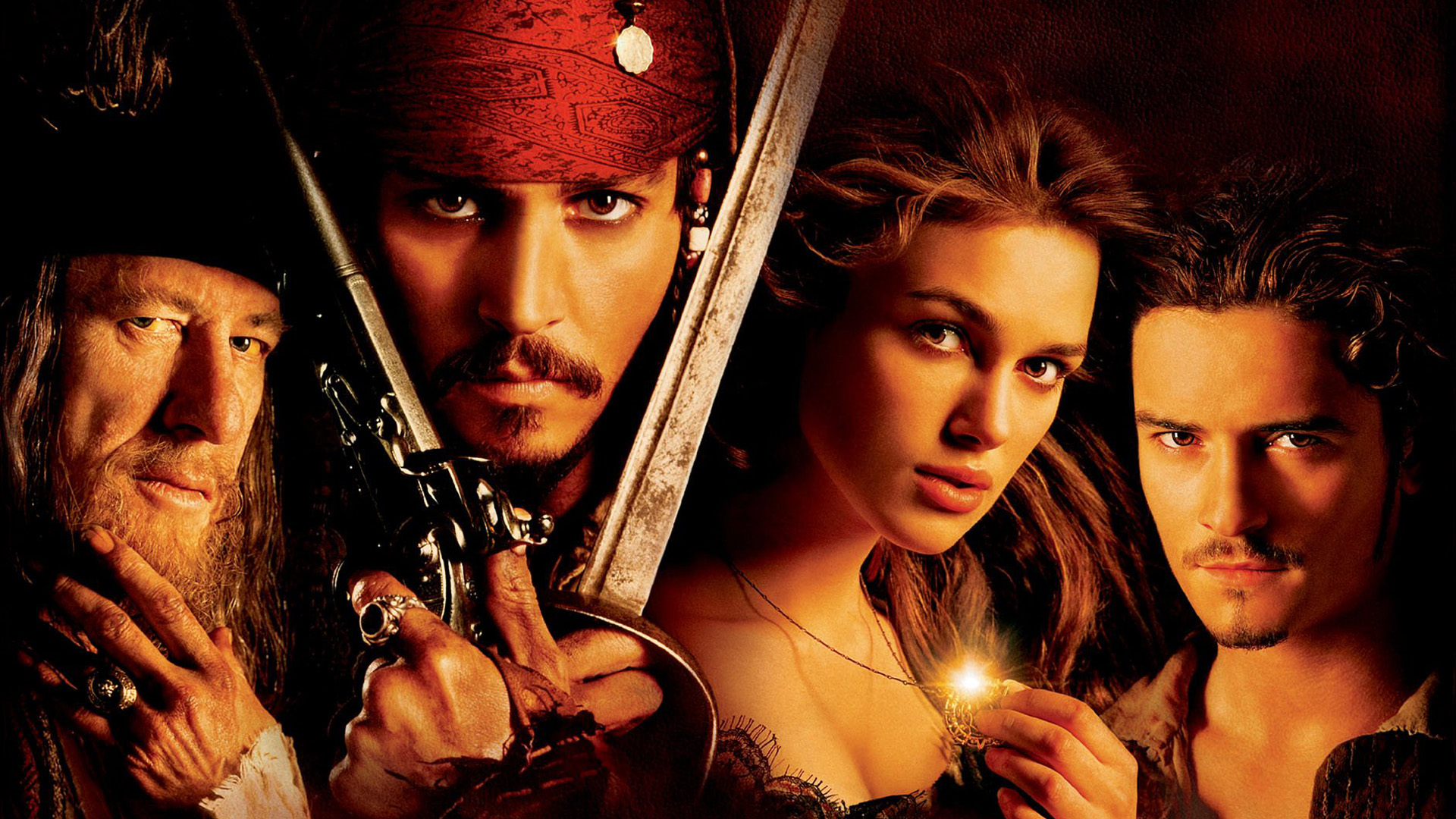 jack sparrow, pirates of the caribbean: the curse of the black pearl, keira knightley, movie, elizabeth swann, geoffrey rush, hector barbossa, johnny depp, orlando bloom, will turner, pirates of the caribbean for android