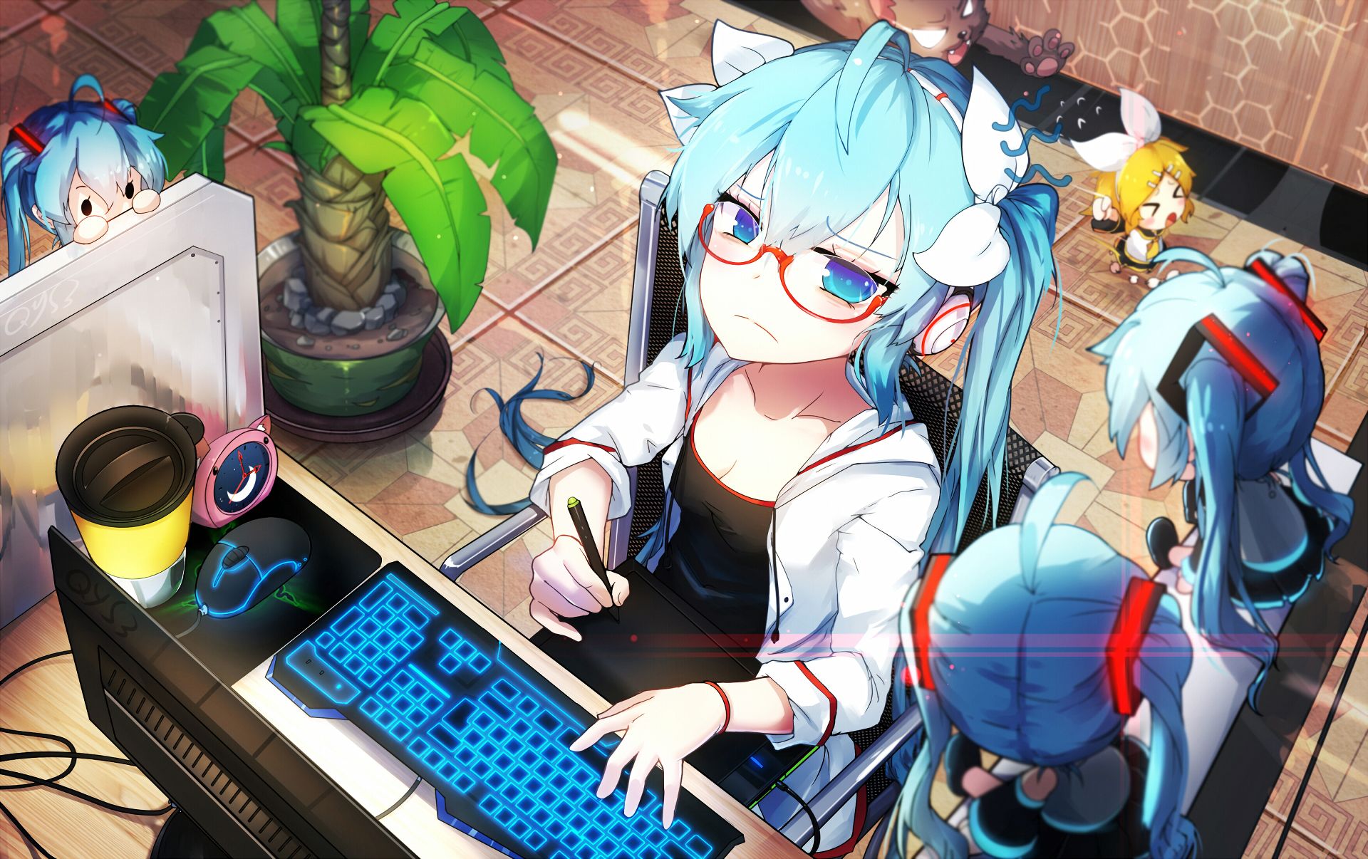 android anime, plant, computer, hatsune miku, headphones, vocaloid, aqua eyes, aqua hair, chibi, glasses, twintails