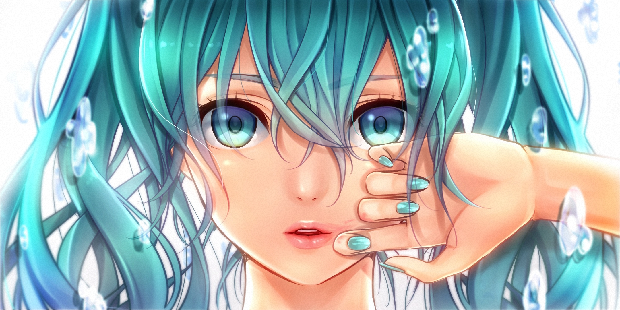 face, hatsune miku, anime, vocaloid, blue eyes, blue hair Phone Background