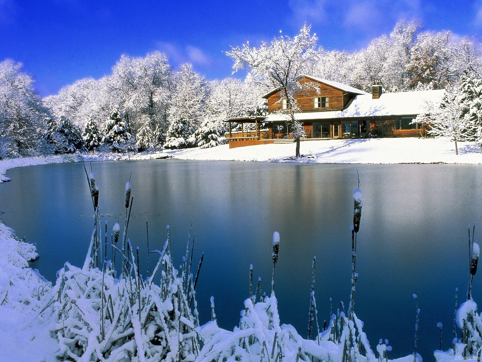 19515 скачать обои озера, дома, пейзаж, зима, снег, синие - заставки и картинки бесплатно