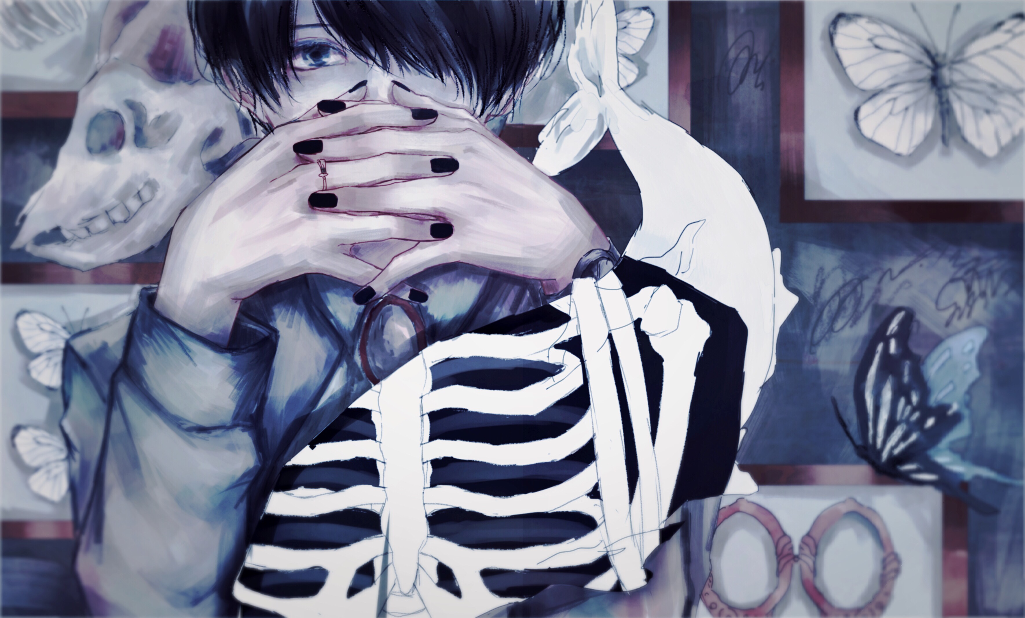 anime, original, black hair, blue eyes, bones, butterfly, short hair HD wallpaper