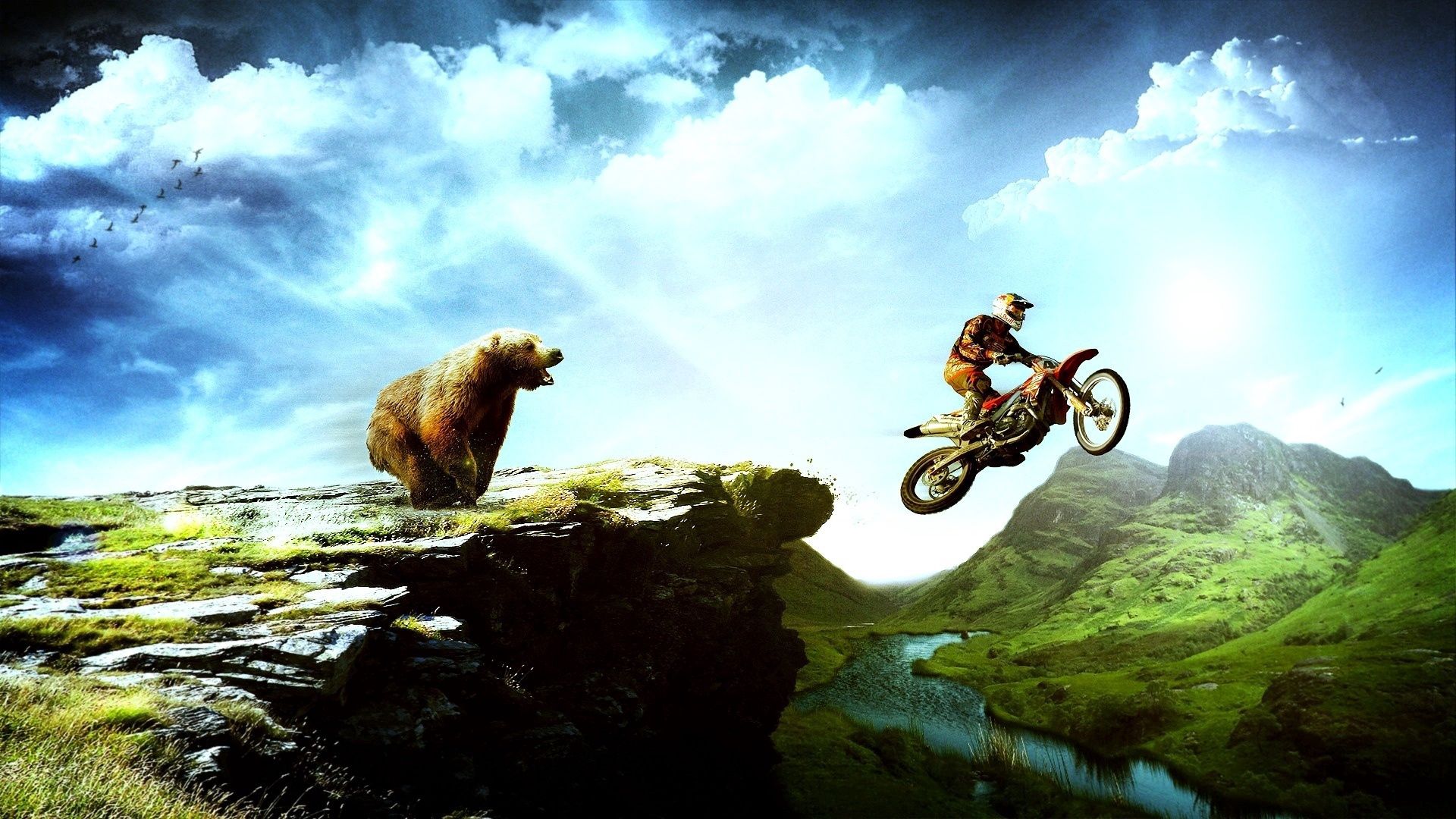 152834 скачать картинку мотоциклист, пейзаж, арт, горы, медведь - обои и заставки бесплатно