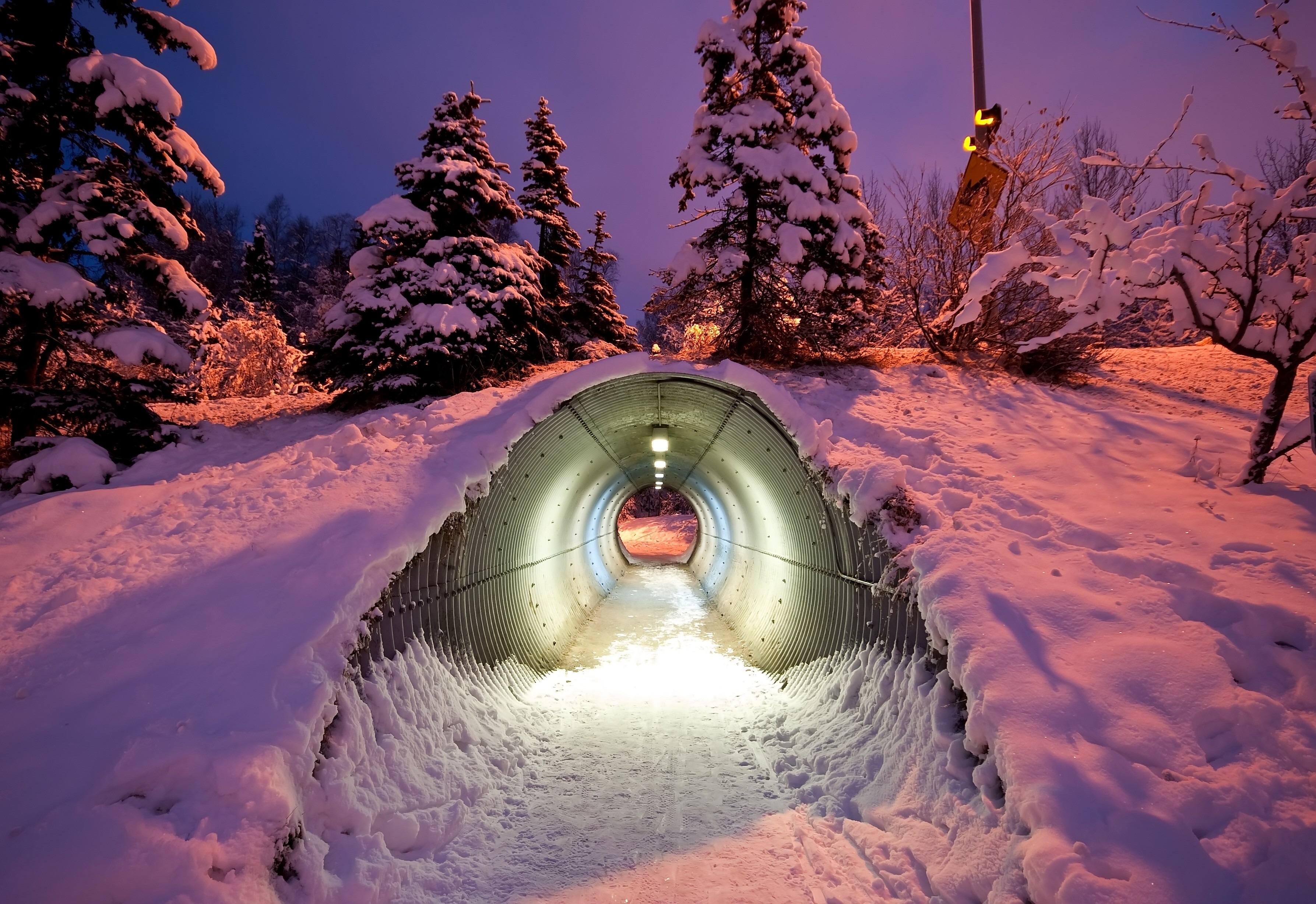 Download mobile wallpaper Snow, Pipe, Nature, Trumpet, Tunnel, Winter, Shine, Light for free.