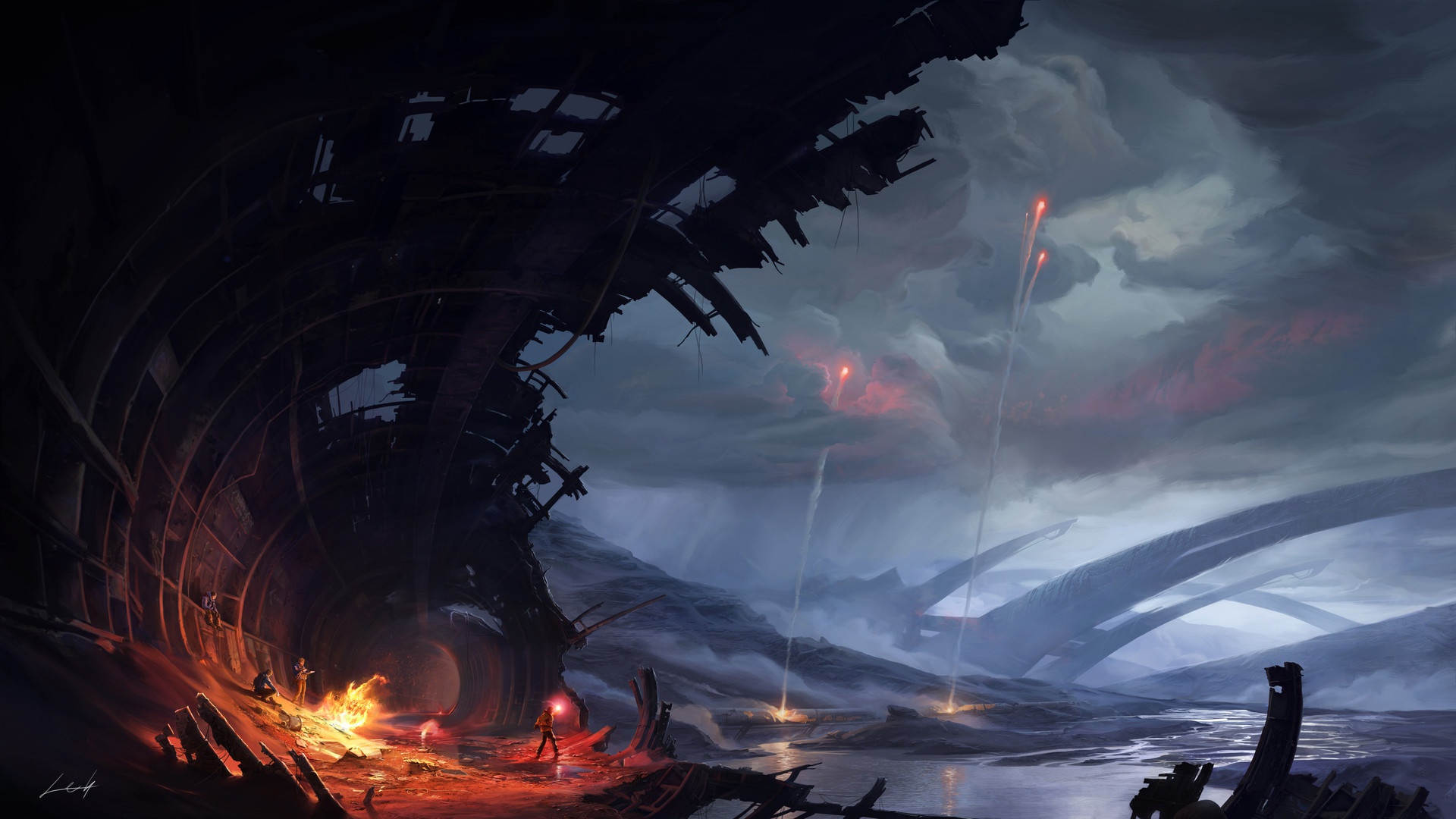 sci fi, landscape, cloud, fire, river, wreck iphone wallpaper