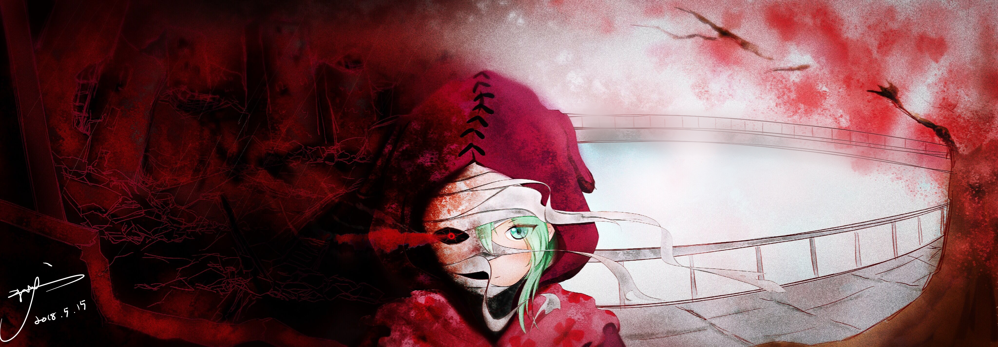 eto yoshimura, anime, tokyo ghoul:re, bandage, blue eyes, green hair, red eyes, tokyo ghoul
