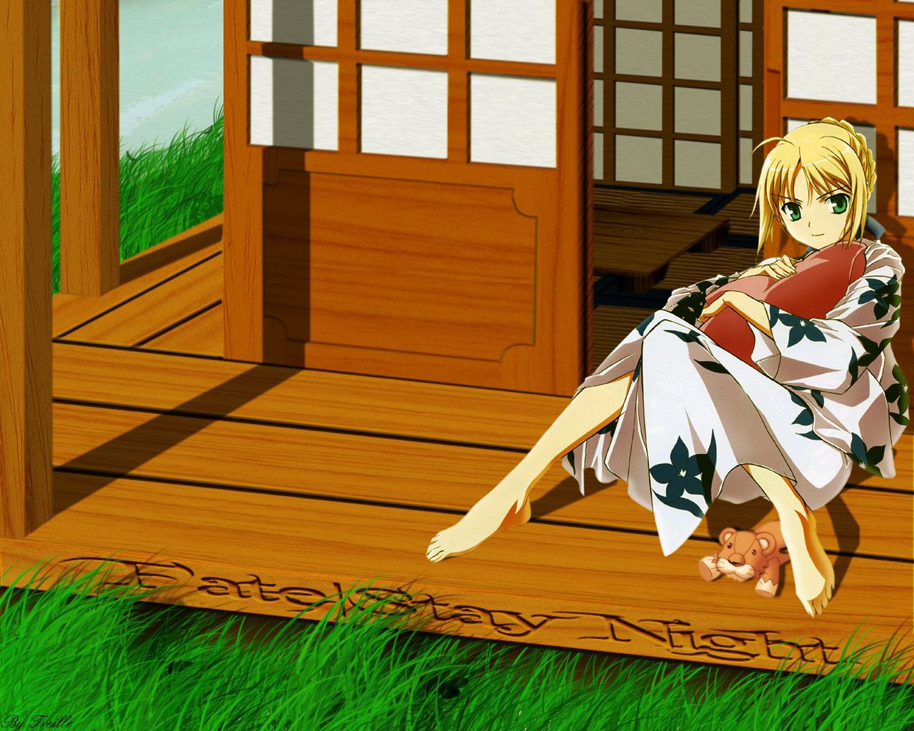 anime, toy, girl, kimono, veranda QHD