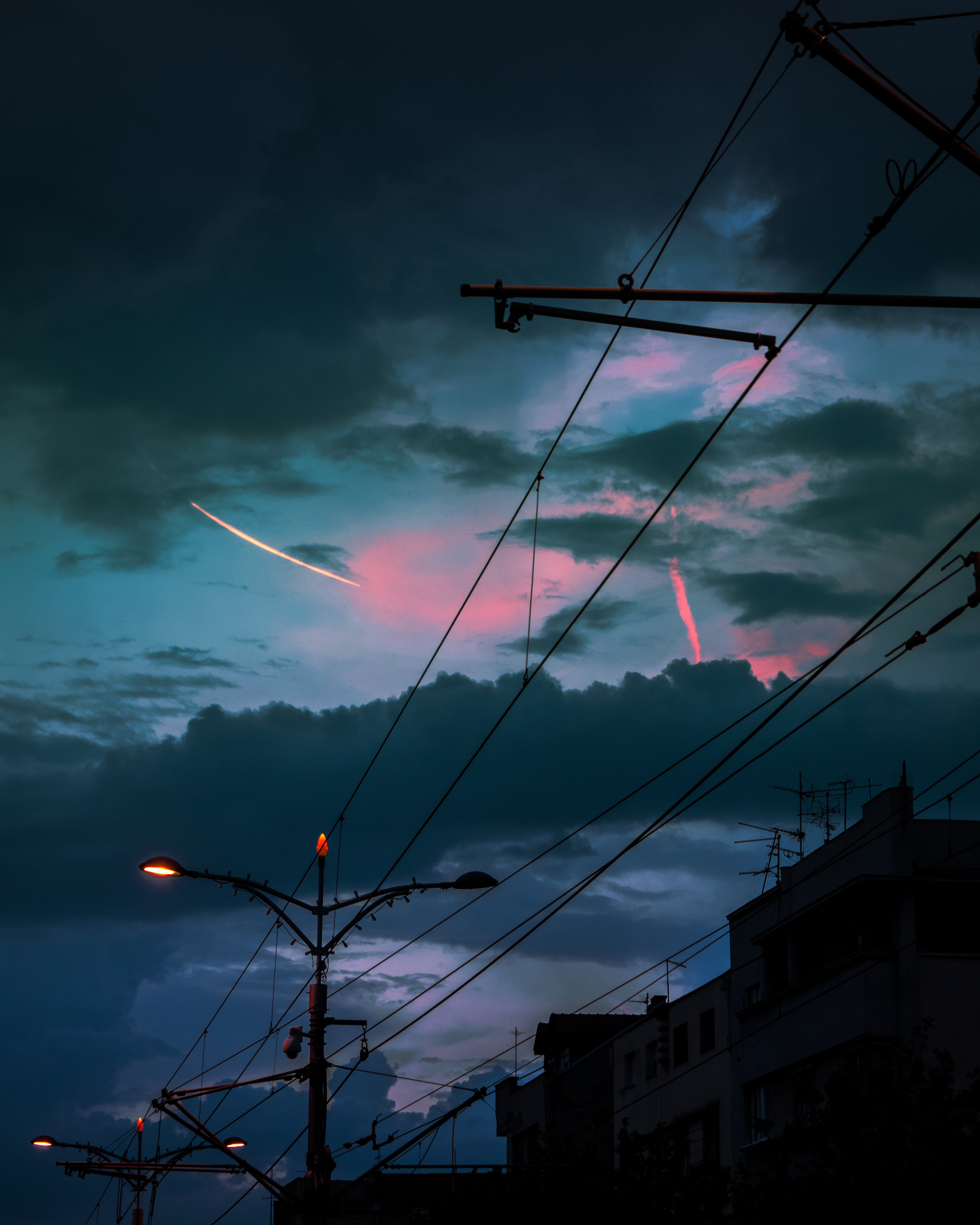 wires, dark, lights, twilight, lanterns, city, dusk, pillars, posts, wire