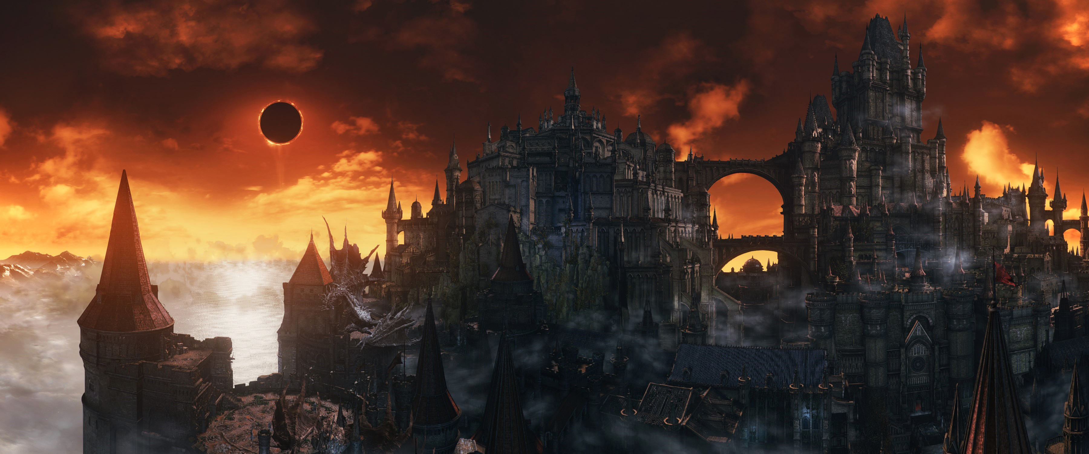 eclipse, video game, dark souls iii, castle, city, dragon, dark souls