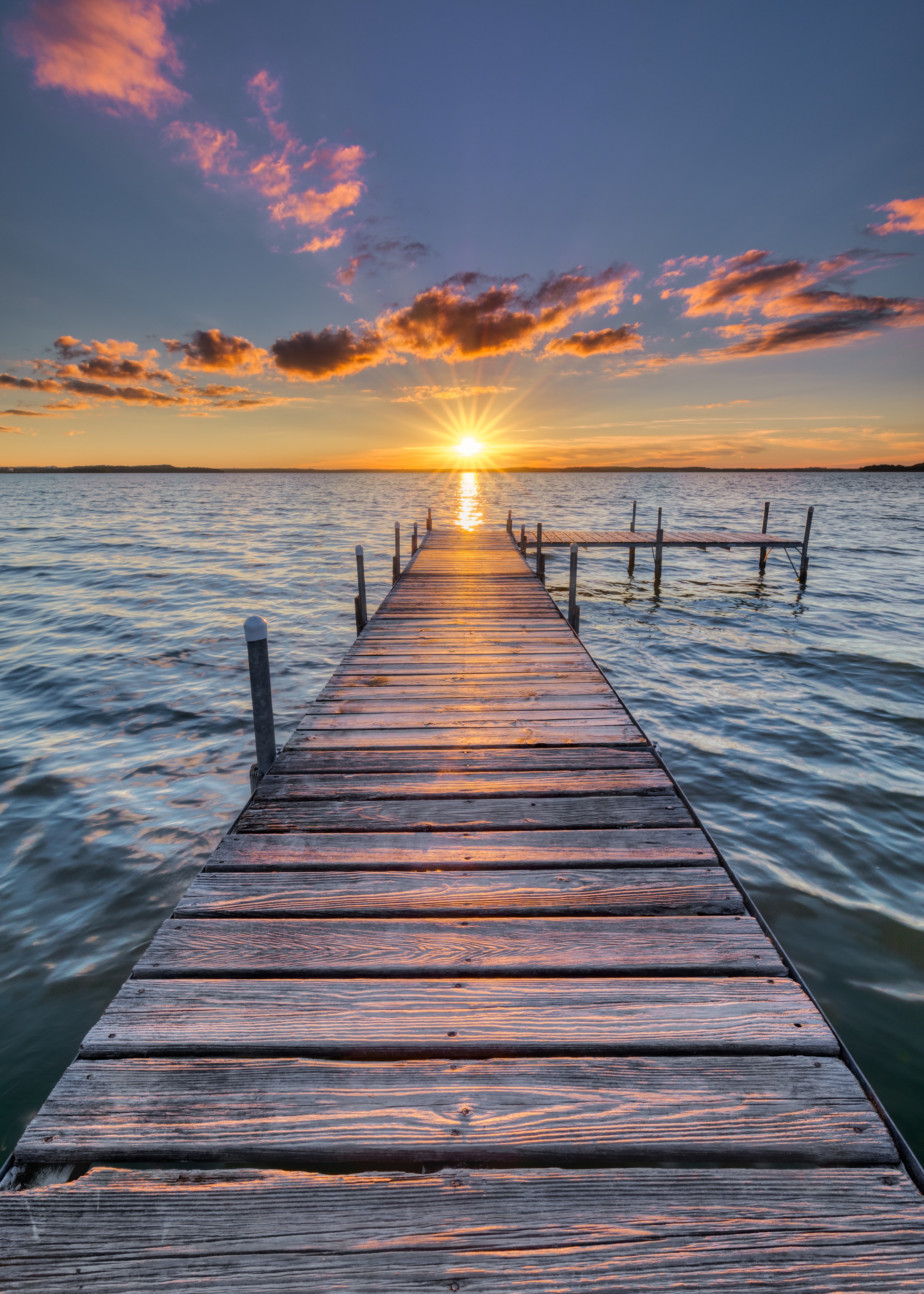 nature, sea, horizon, pier, sunset, rays, beams phone background