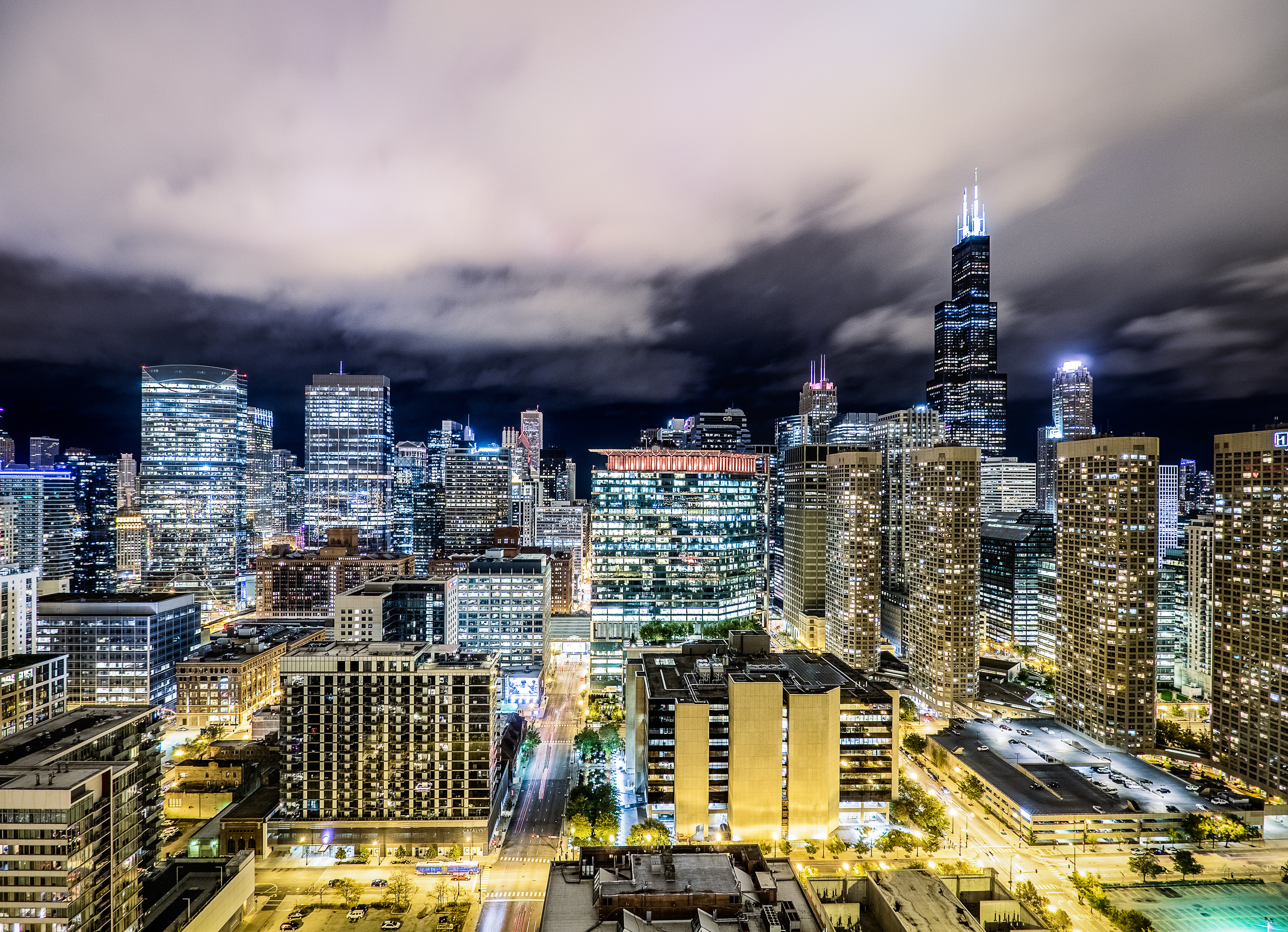 night city, chicago, cities, skyscrapers, exposition, exposure phone wallpaper