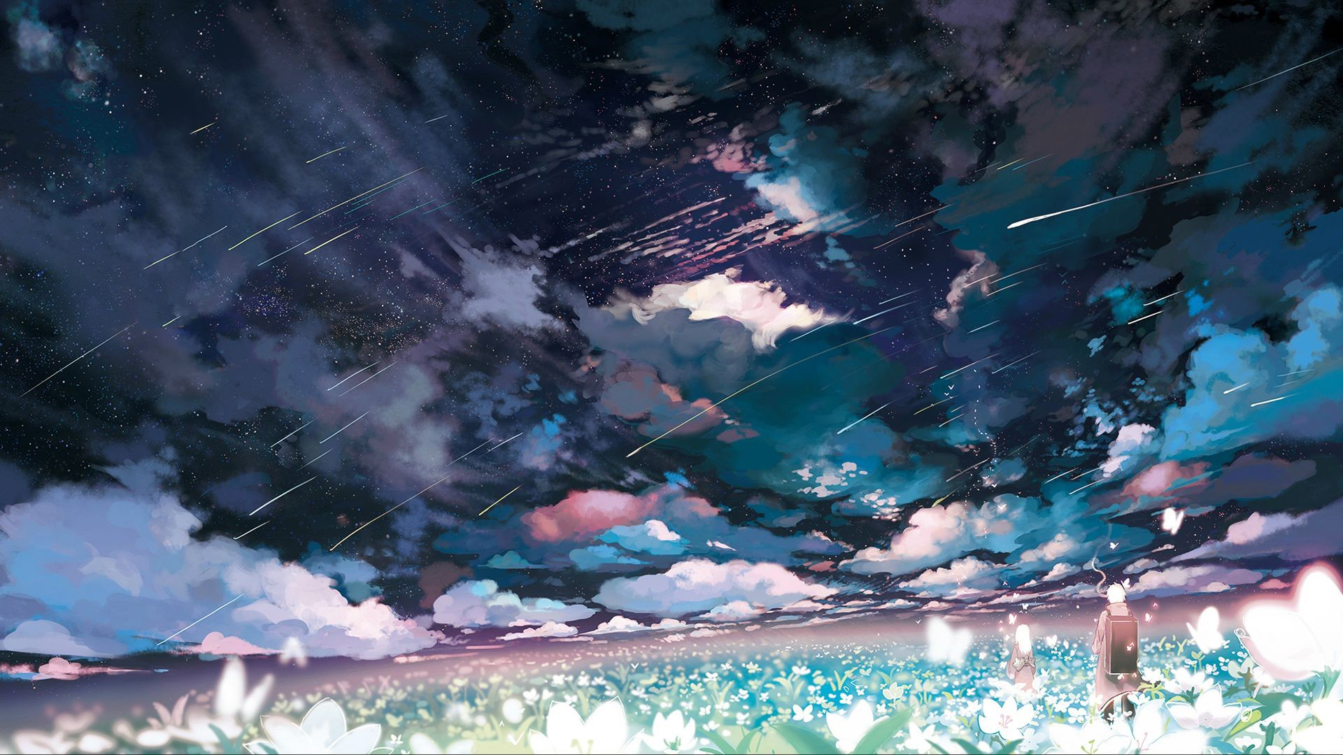 anime, mushishi, ginko (mushishi), cloud, flower, landscape, night, shooting star