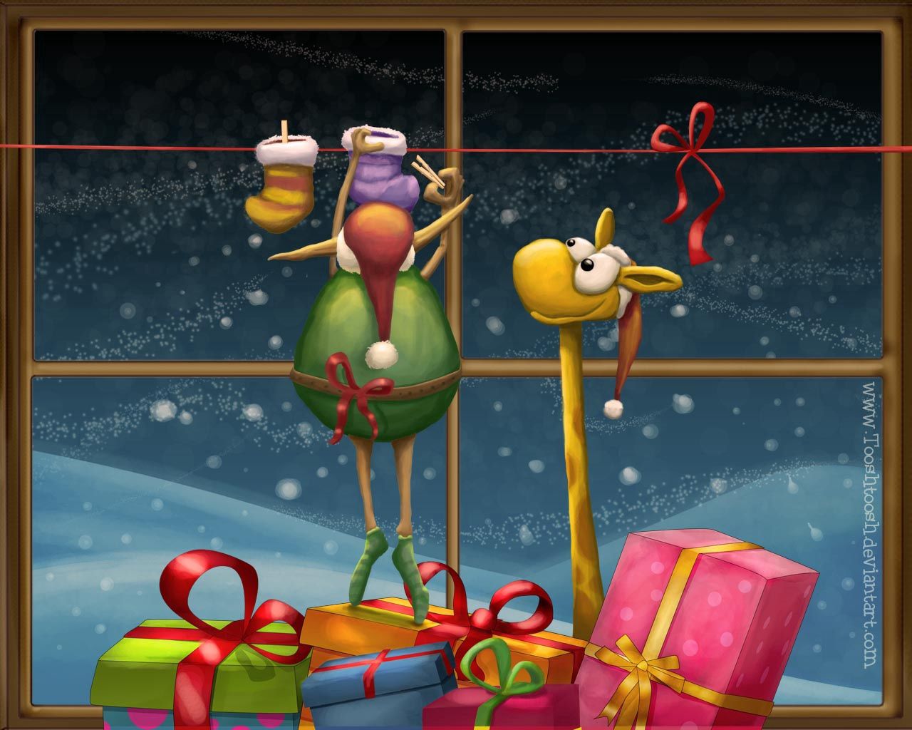 Download mobile wallpaper Presents, Gifts, Holidays, Giraffe, Window, New Year, Christmas for free.