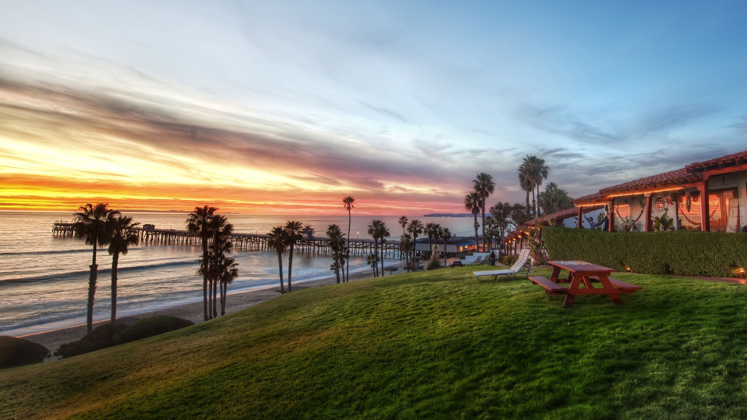 slope, benches, picnic, nature, sea, palms, bank, shore, evening, table 5K