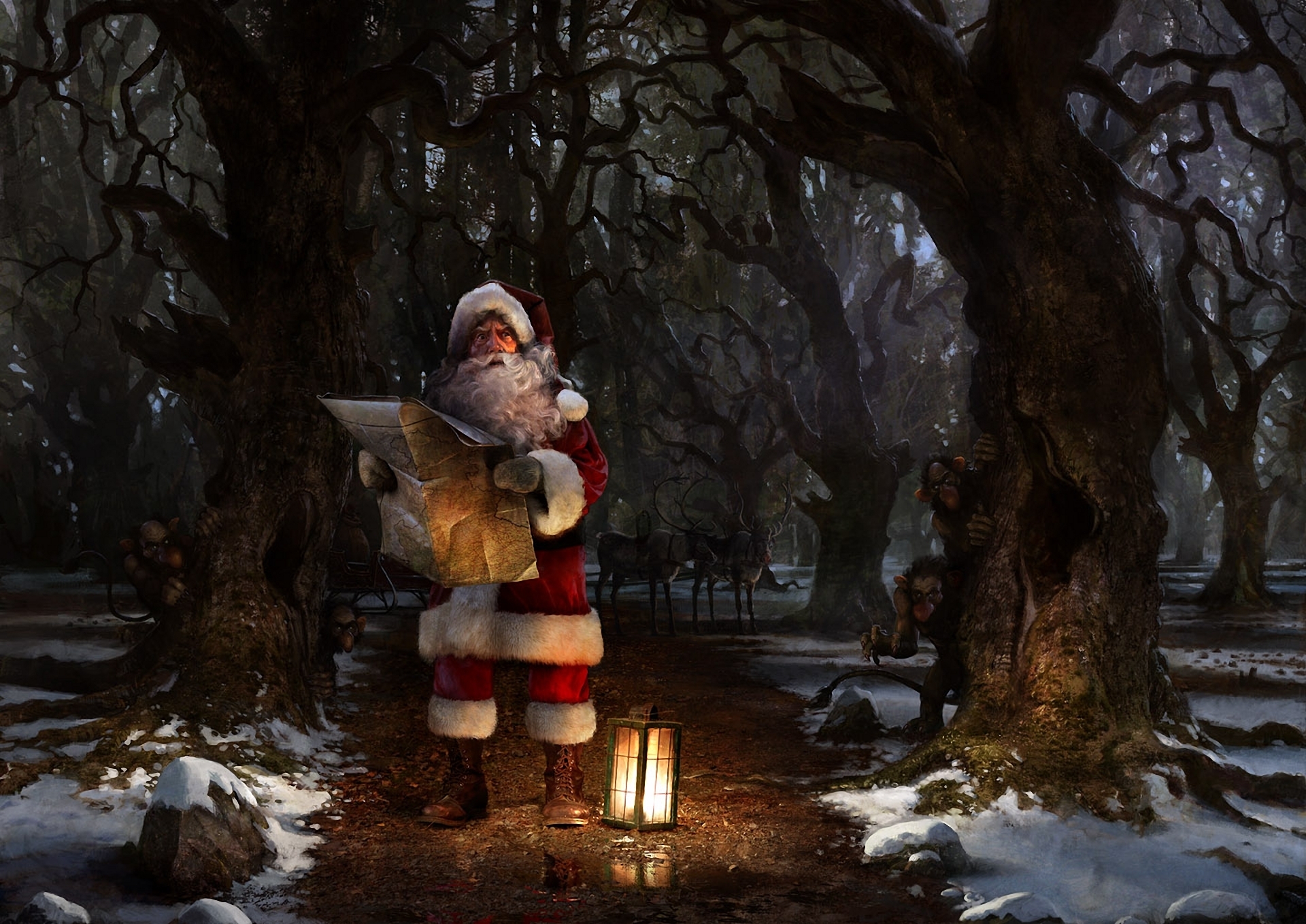 night, map, santa claus, reindeer, christmas, holiday, dark, forest, santa, troll iphone wallpaper