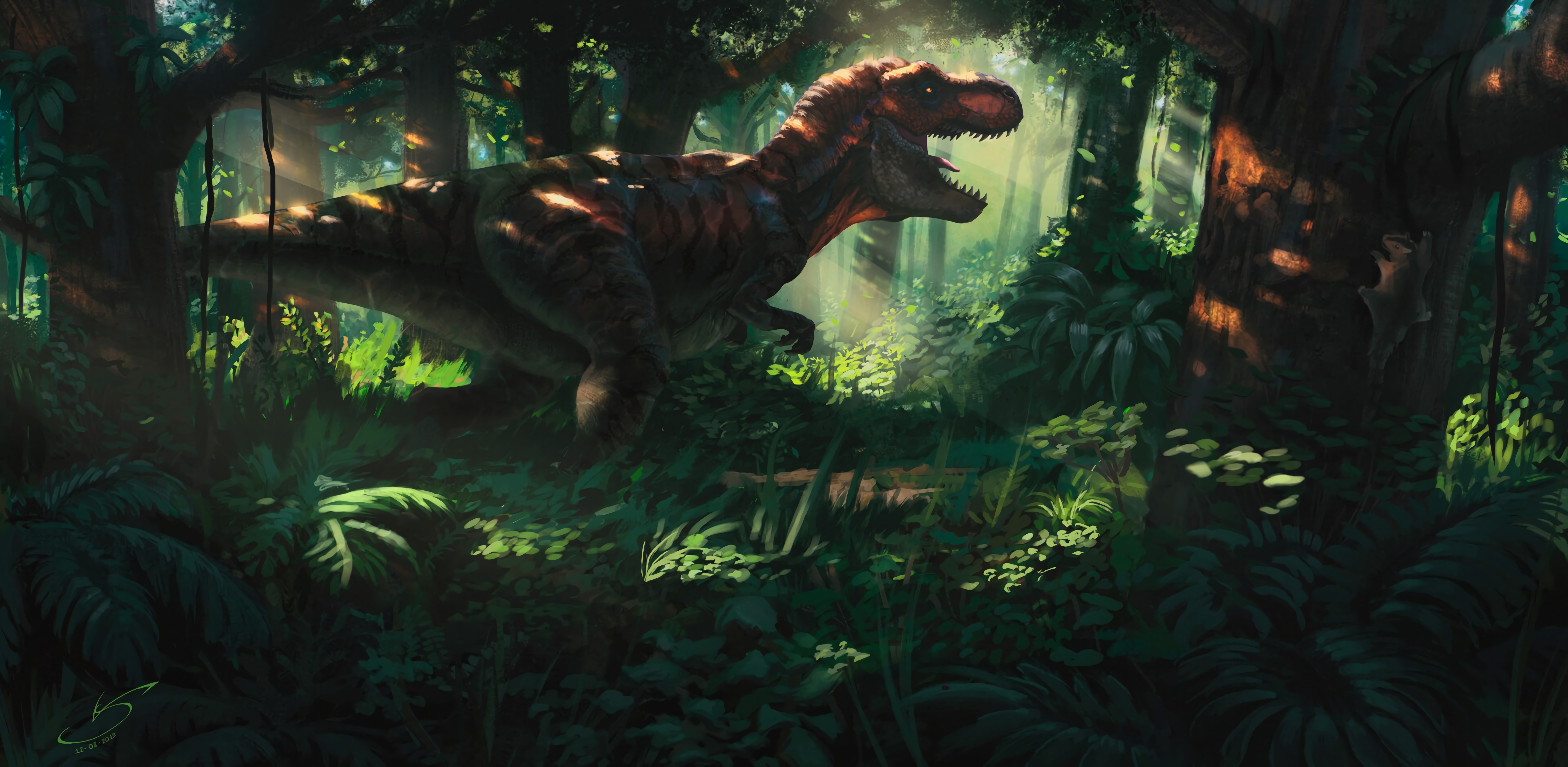 74547 скачать обои динозавр, тиранозавр, арт, лес, джунгли - заставки и картинки бесплатно