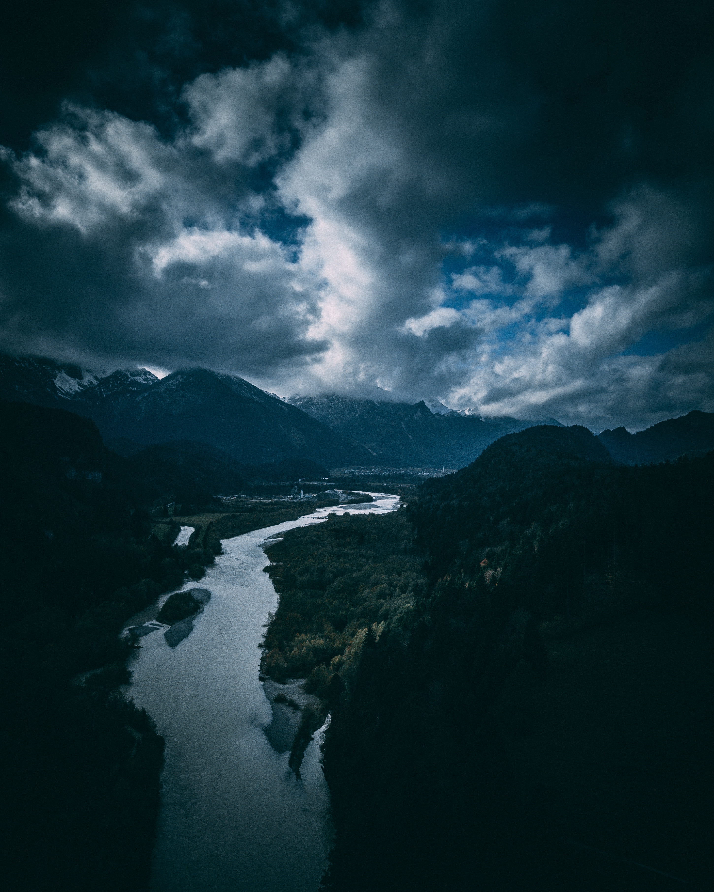 Download mobile wallpaper Germany, Clouds, Trees, Nature, Mountains, View From Above, Rivers, Sky for free.