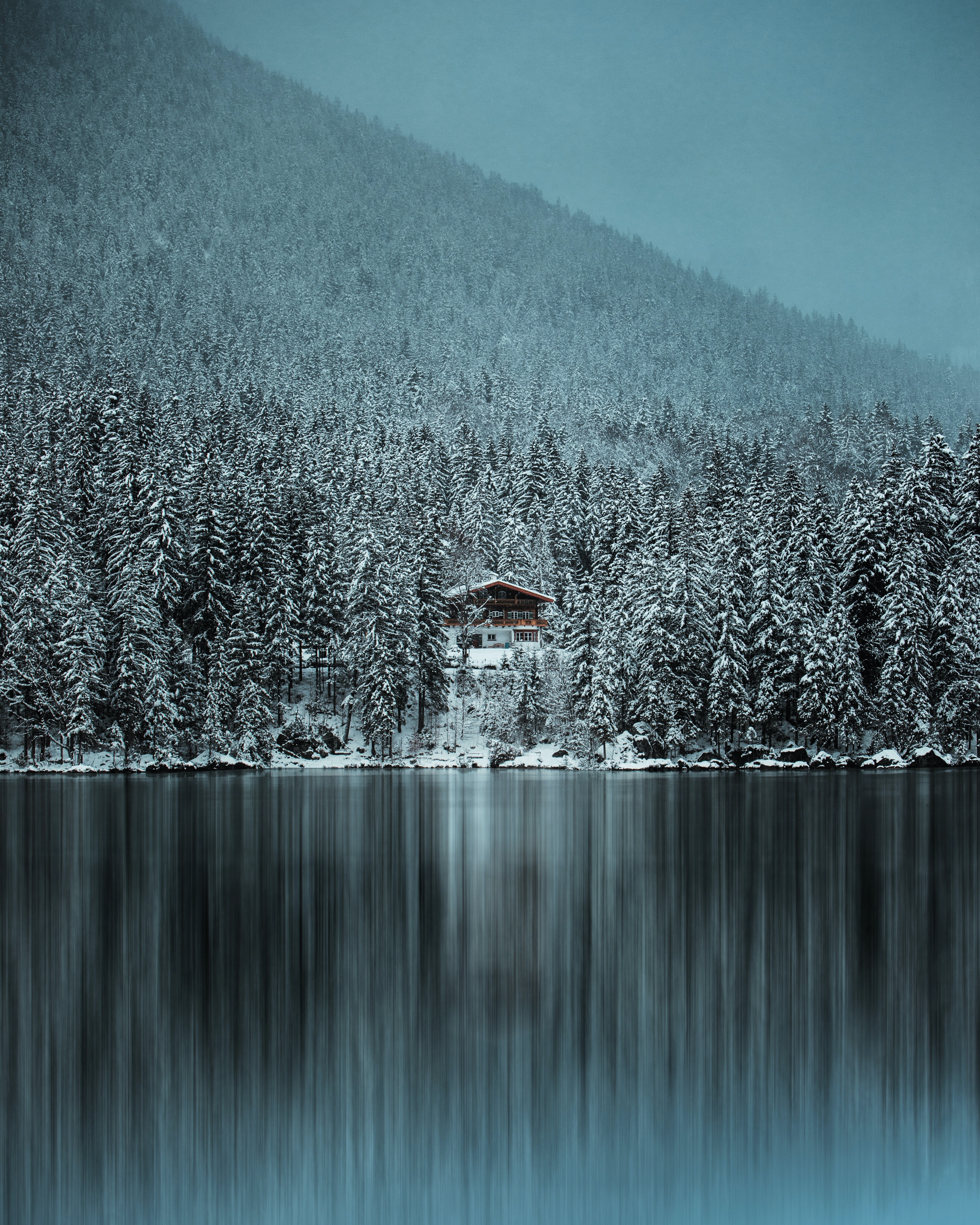 Download mobile wallpaper Snow, Forest, Winter, Lake, Lodge, Trees, Nature, Small House for free.