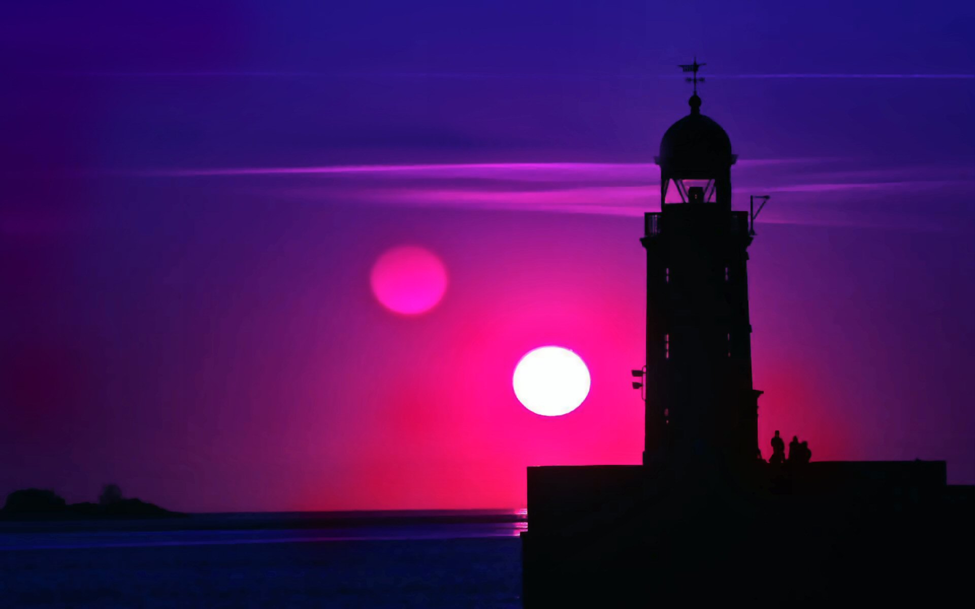 magenta, lighthouse, sea, sun, photography, sunset, blue, horizon, sky