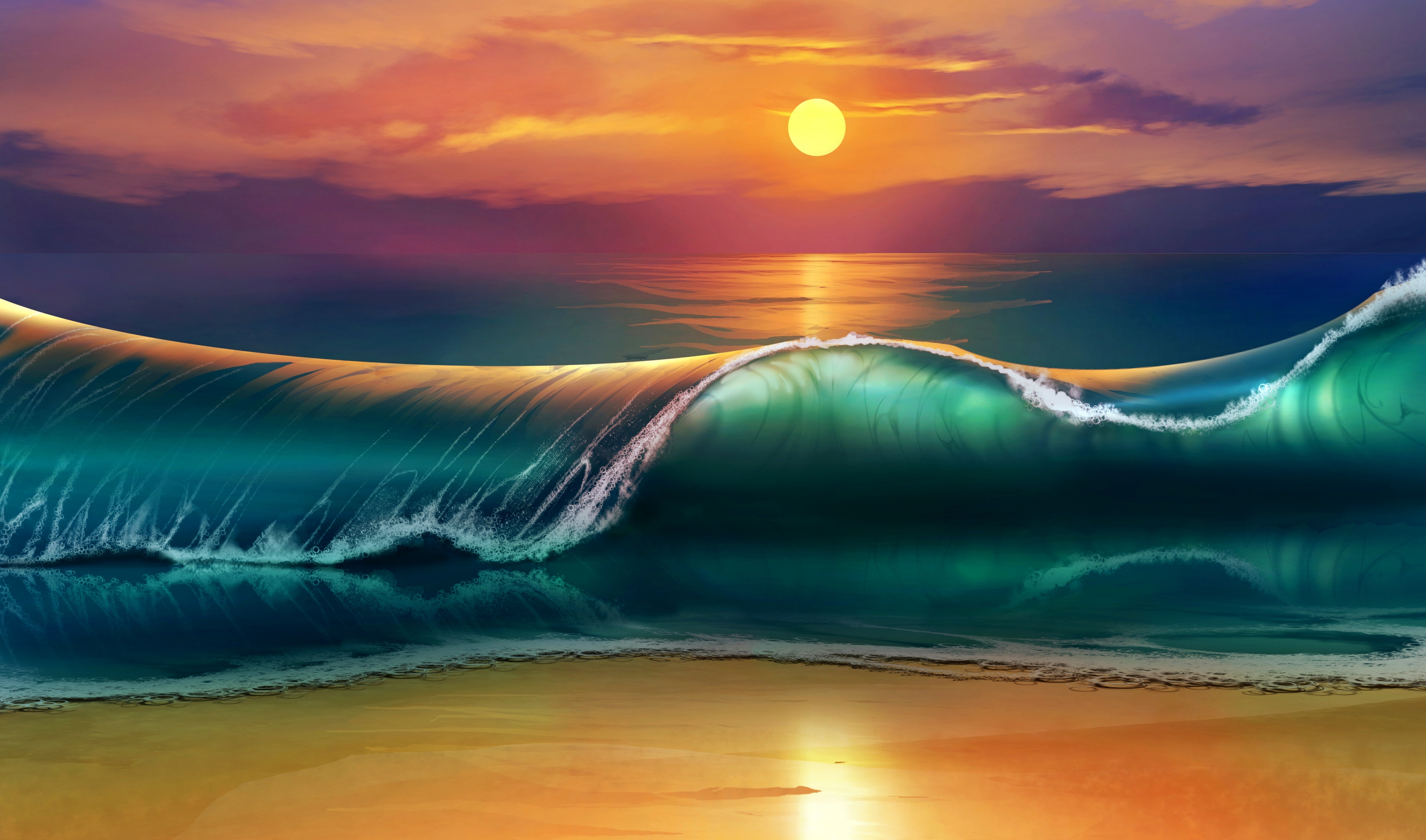 108888 Hintergrundbild herunterladen sea, waves, sunset, kunst, strand - Bildschirmschoner und Bilder kostenlos
