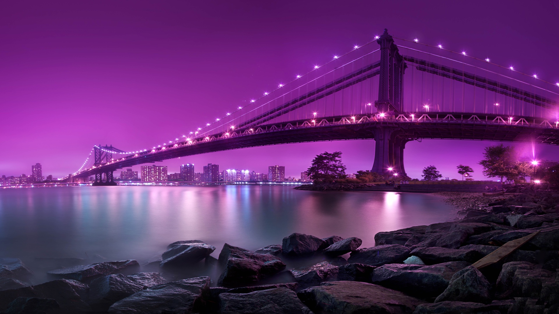 Скачать картинку Вода, Река, Мост, Манхэттенский Мост, Пурпурный, Сделано Человеком в телефон бесплатно.