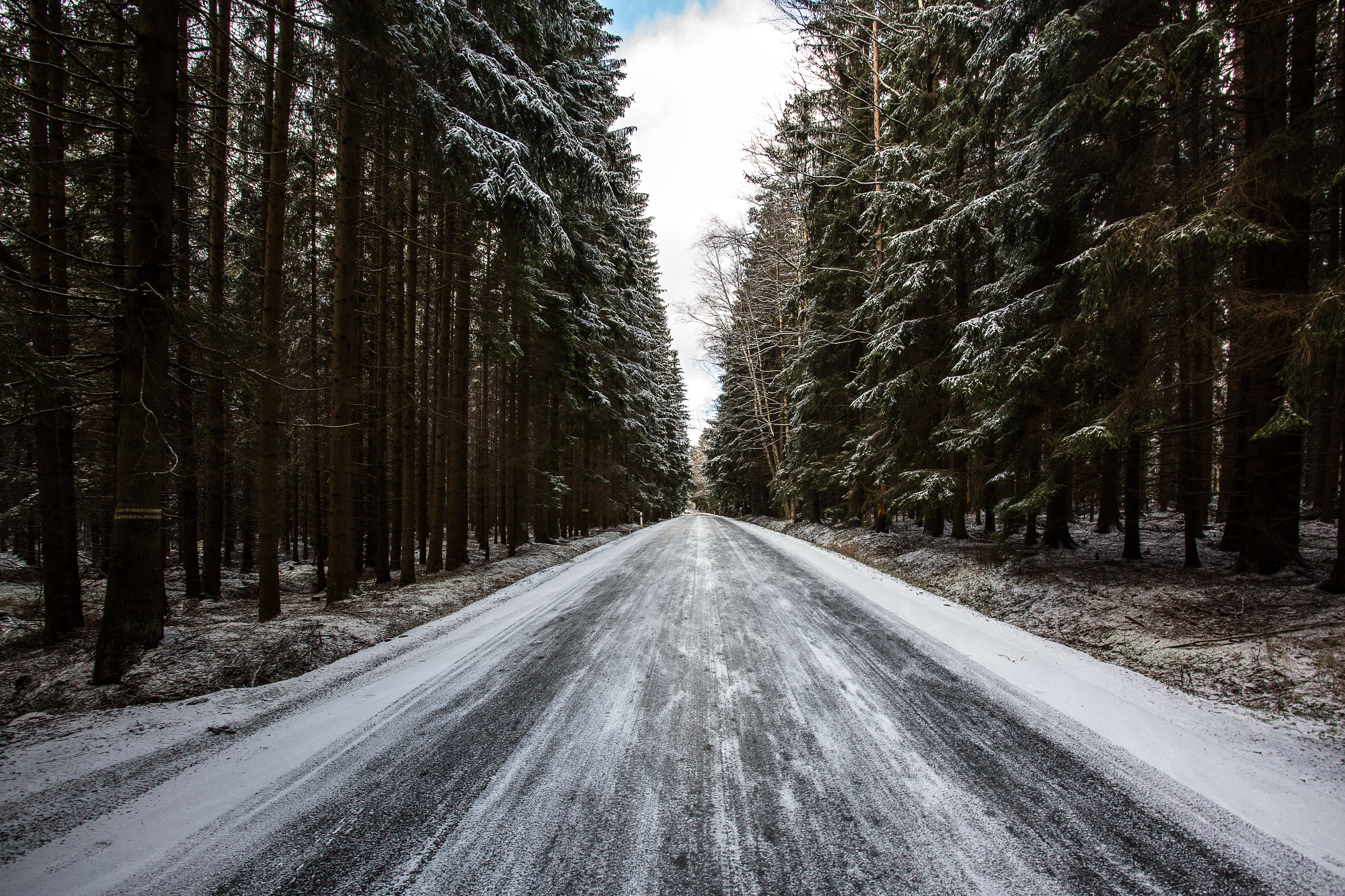 Download mobile wallpaper Snow, Pine, Forest, Trees, Winter, Road, Nature for free.
