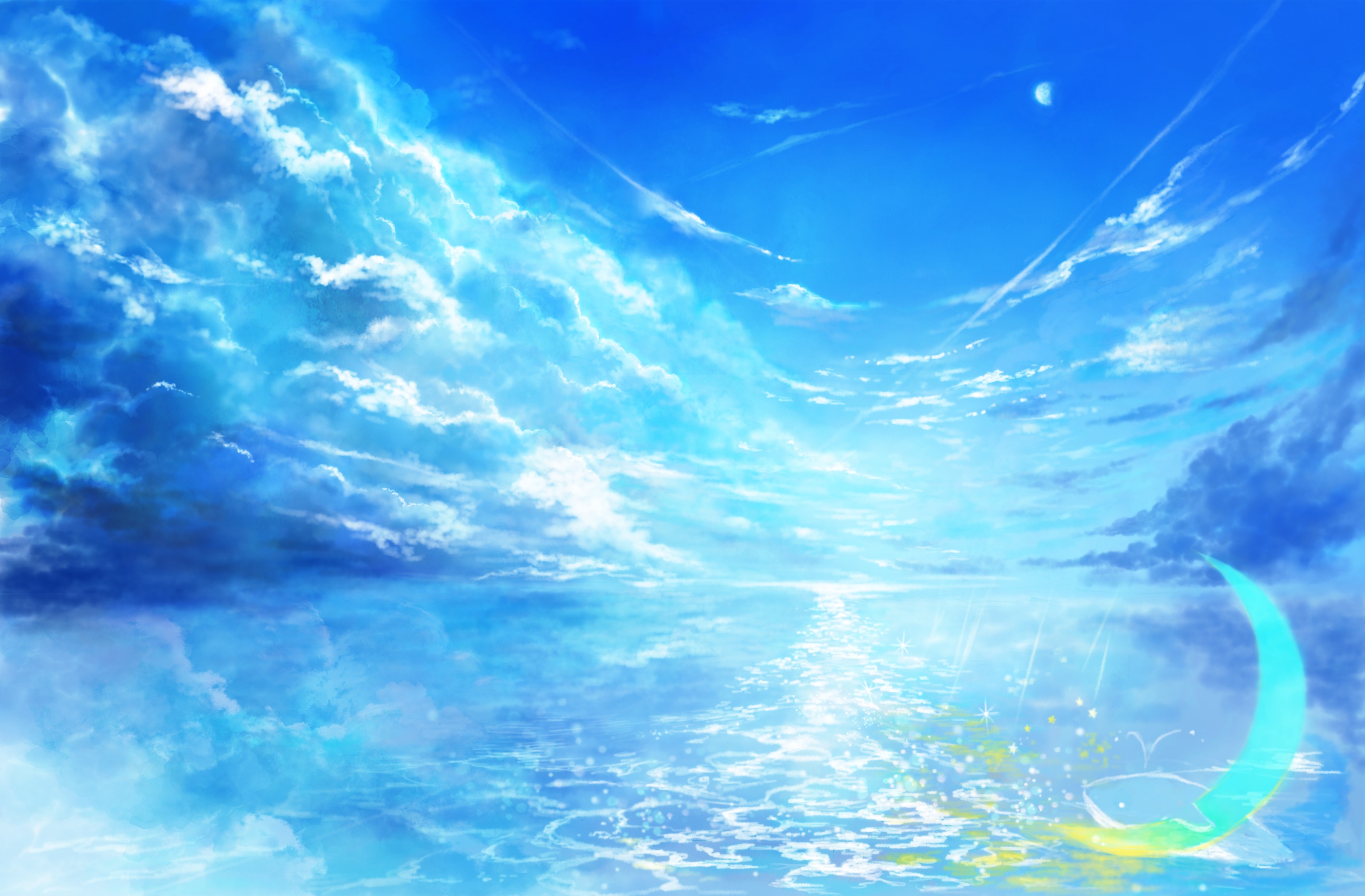 horizon, anime, landscape, crescent, sky, water