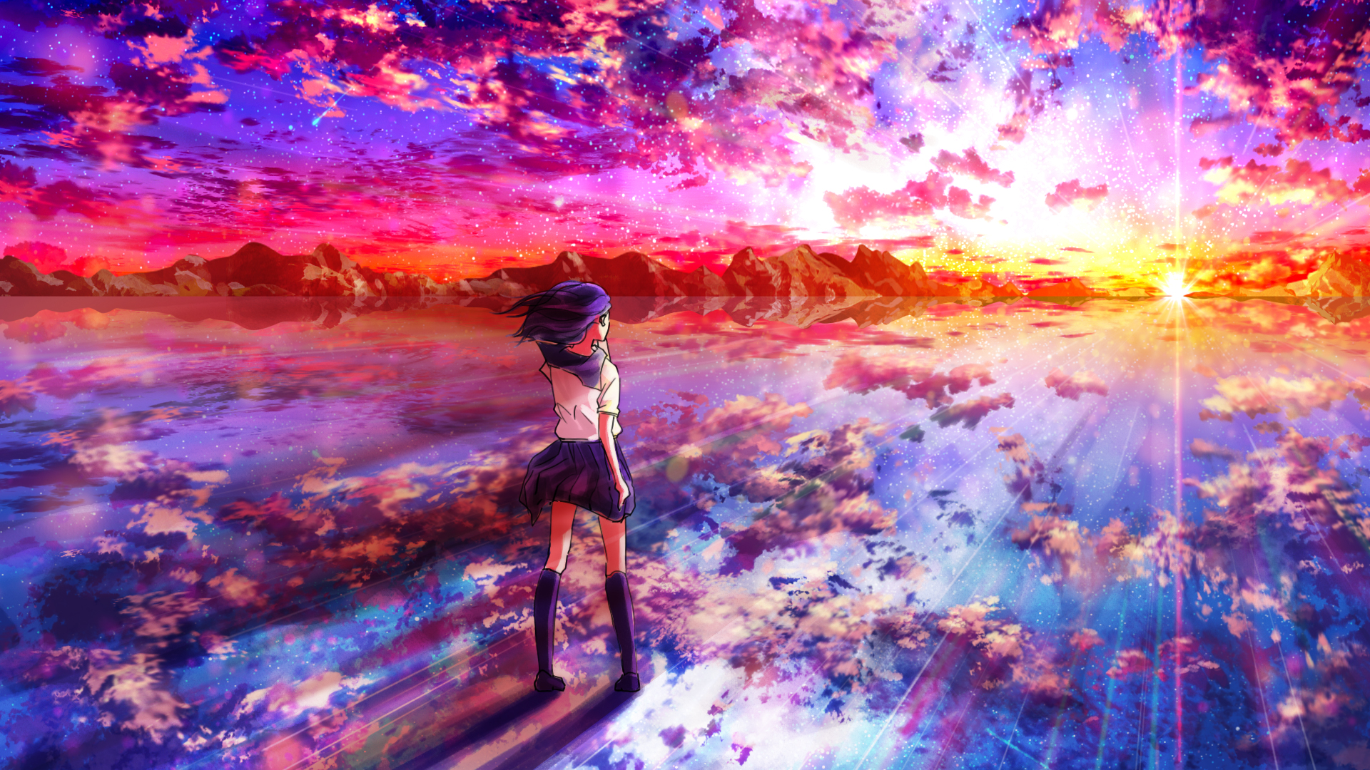 Anime Girl School Uniform Student Sunset Scenery 4K Wallpaper #6.1294