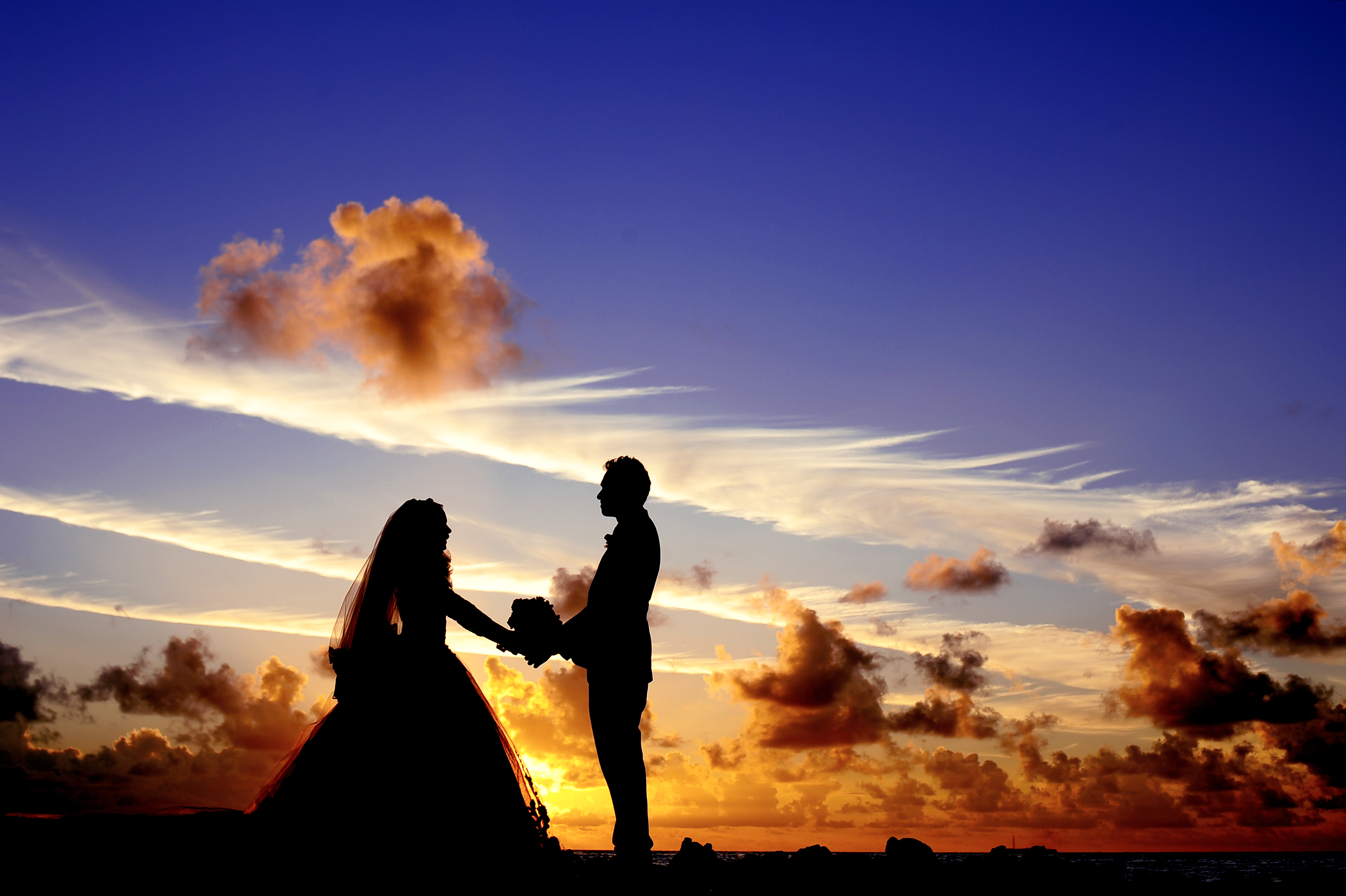 pair, holidays, sunset, clouds, love, couple, silhouettes, newlyweds