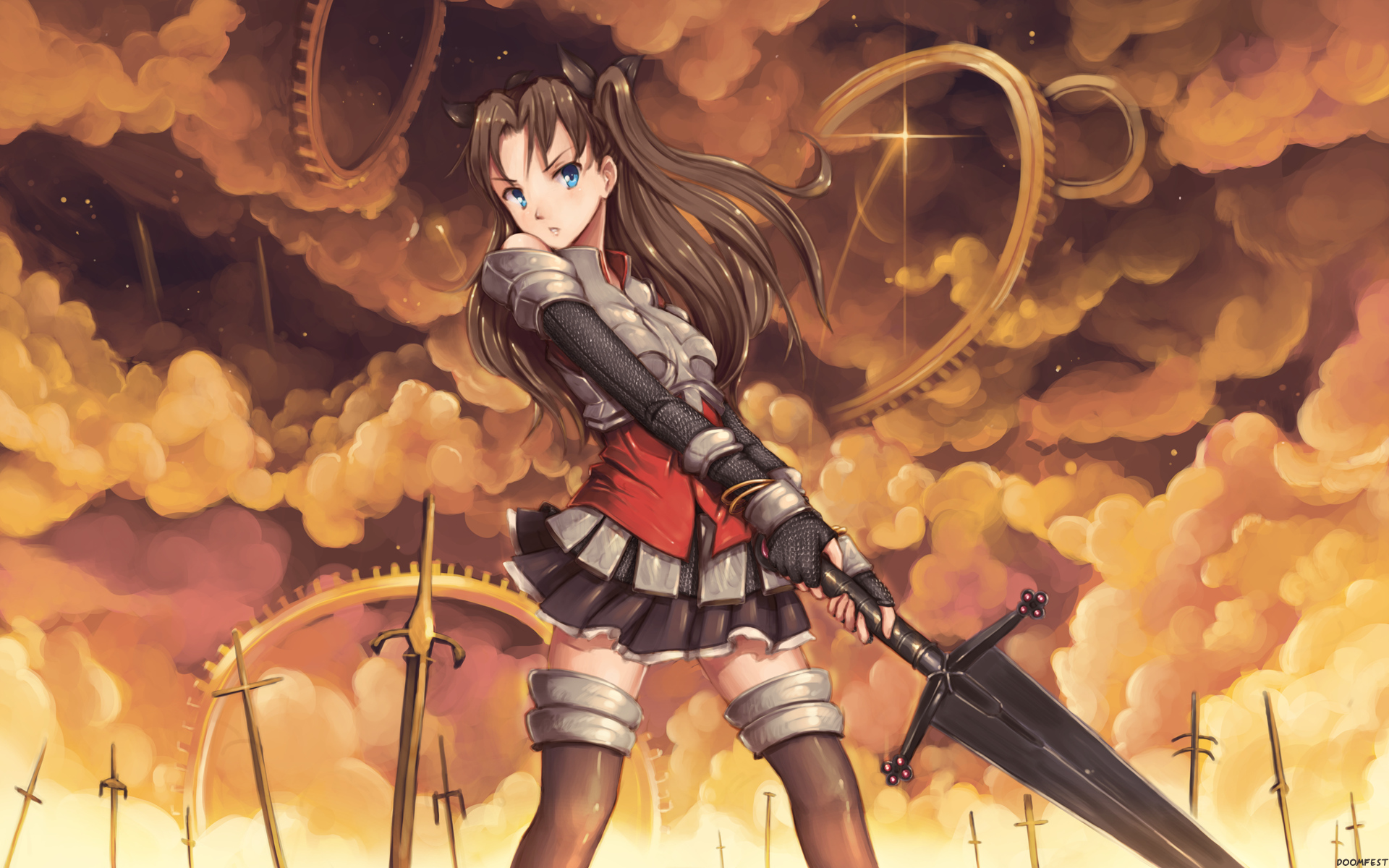 android anime, fate/stay night: unlimited blade works, armor, blue eyes, brown hair, fate (series), glove, long hair, rin tohsaka, skirt, sword, thigh highs, weapon, fate series