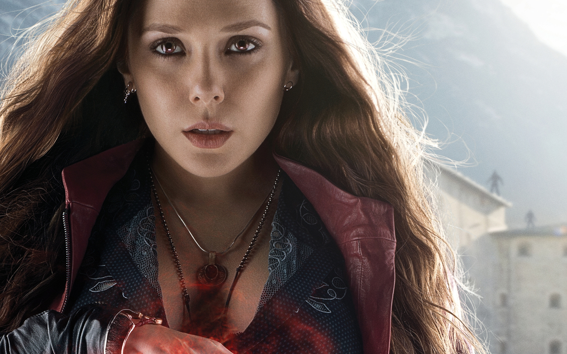 avengers, earrings, magic, scarlet witch, elizabeth olsen, long hair, movie, avengers: age of ultron, necklace, red eyes, redhead, the avengers