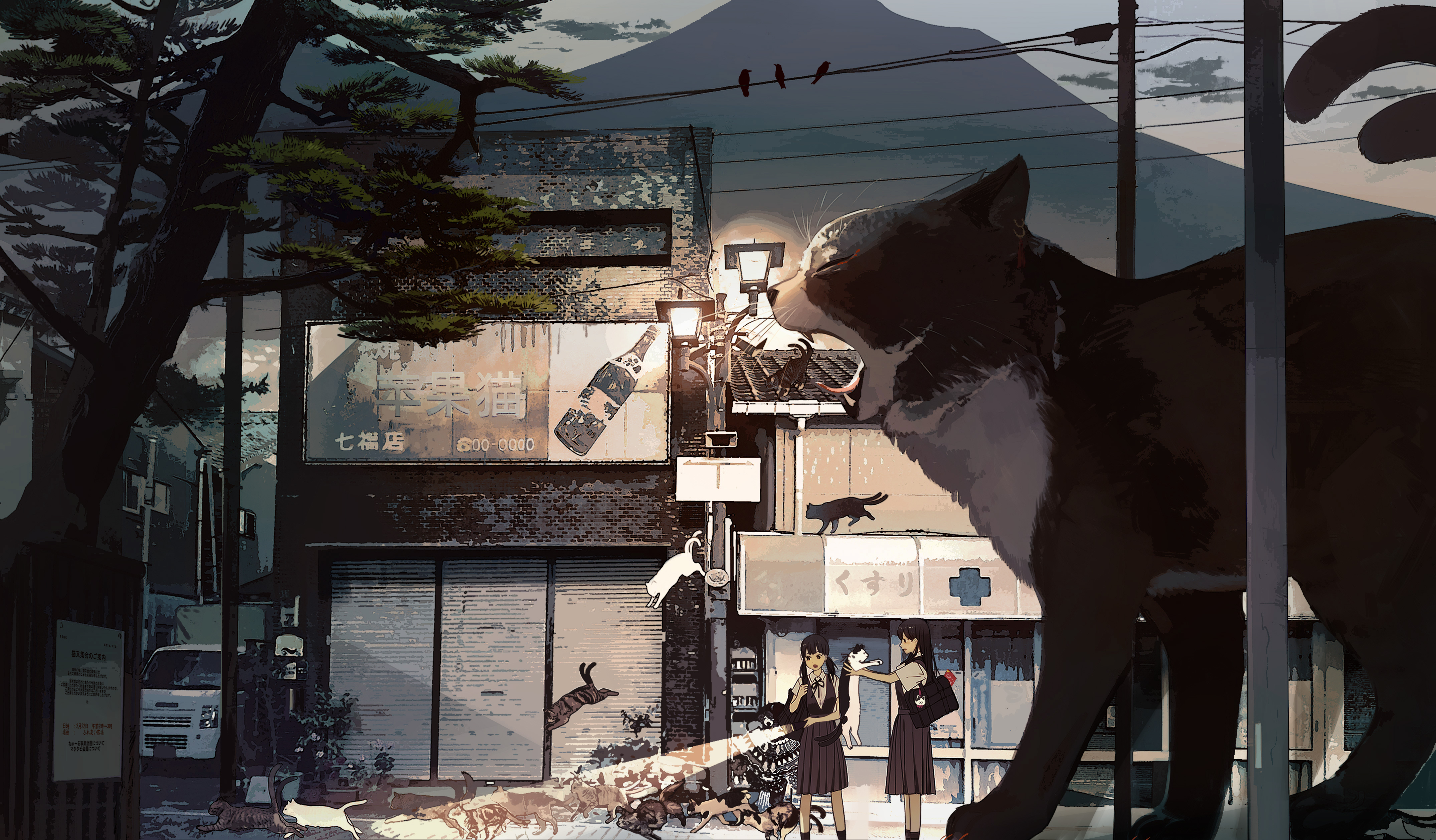 HD wallpaper anime, cat, bag, black hair, long hair, twintails