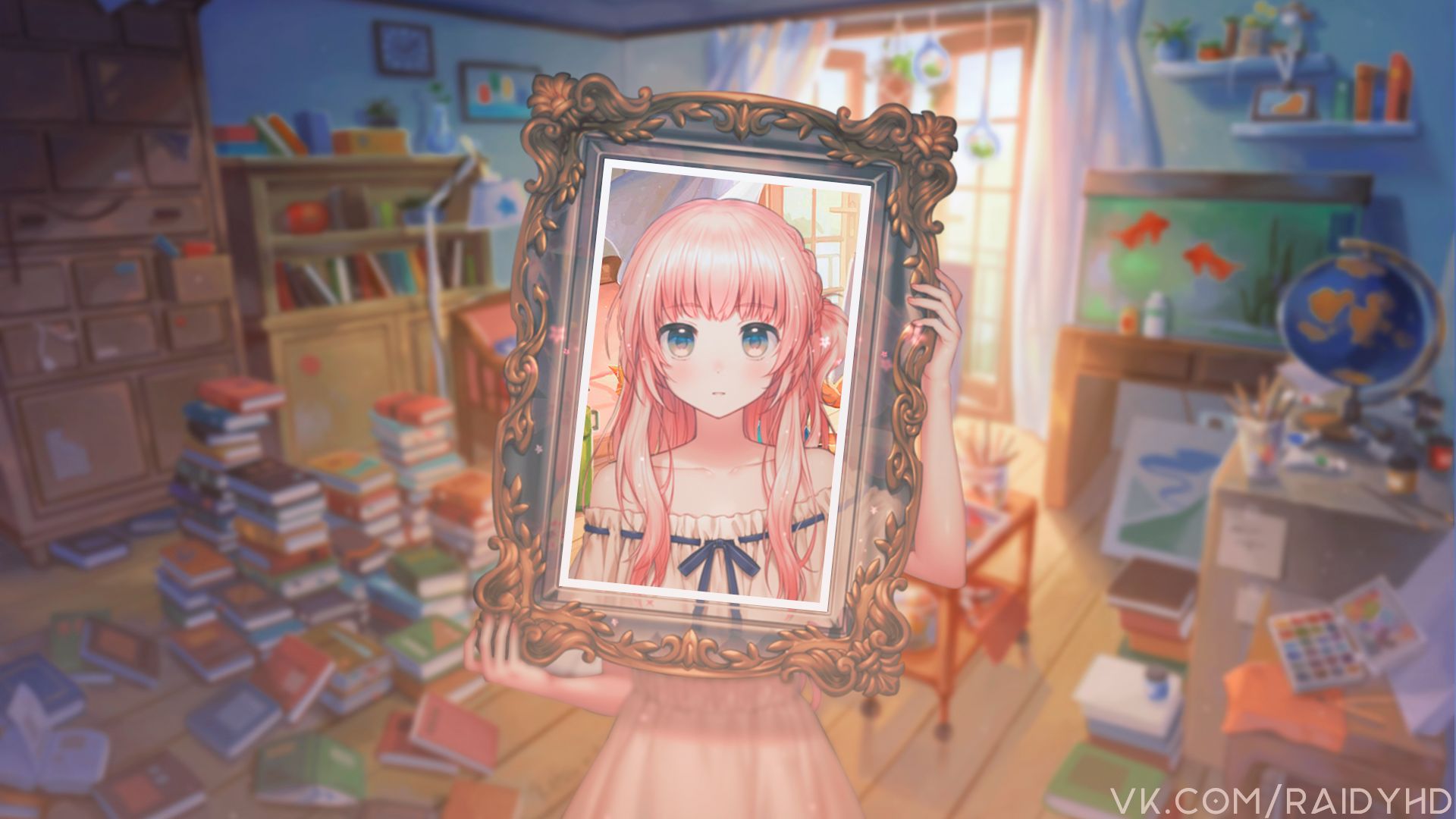 frame, anime, girl, picture in picture, pink hair